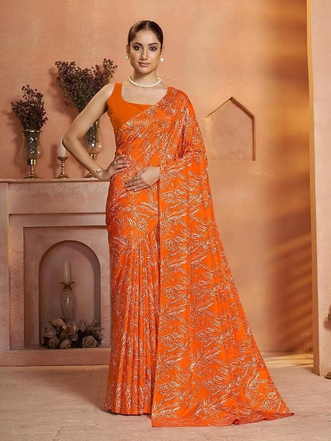 Women's Orange Festive Floral Saree