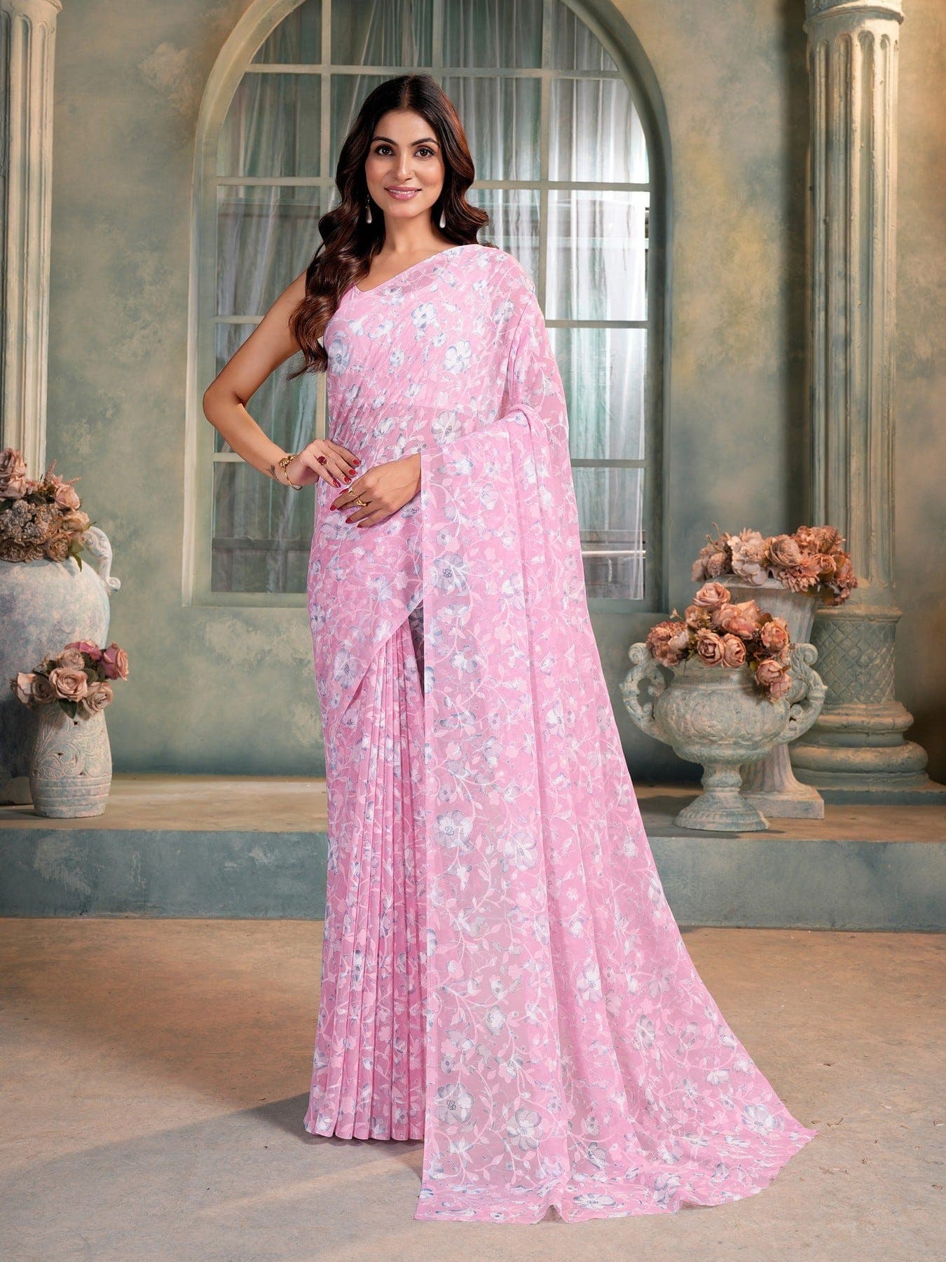 Women's Pink Festive Floral Saree