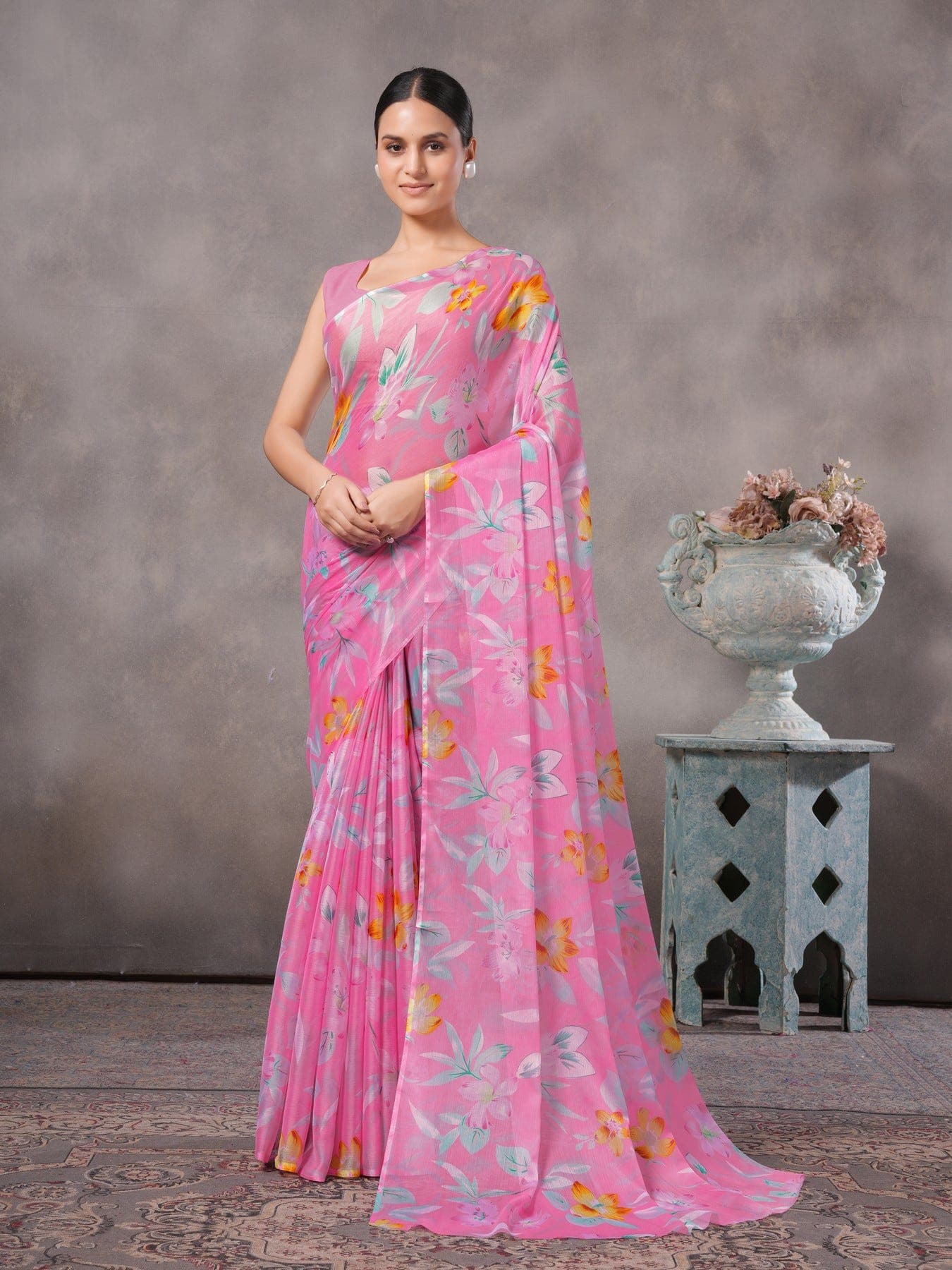 Women's Pink Festive Floral Saree