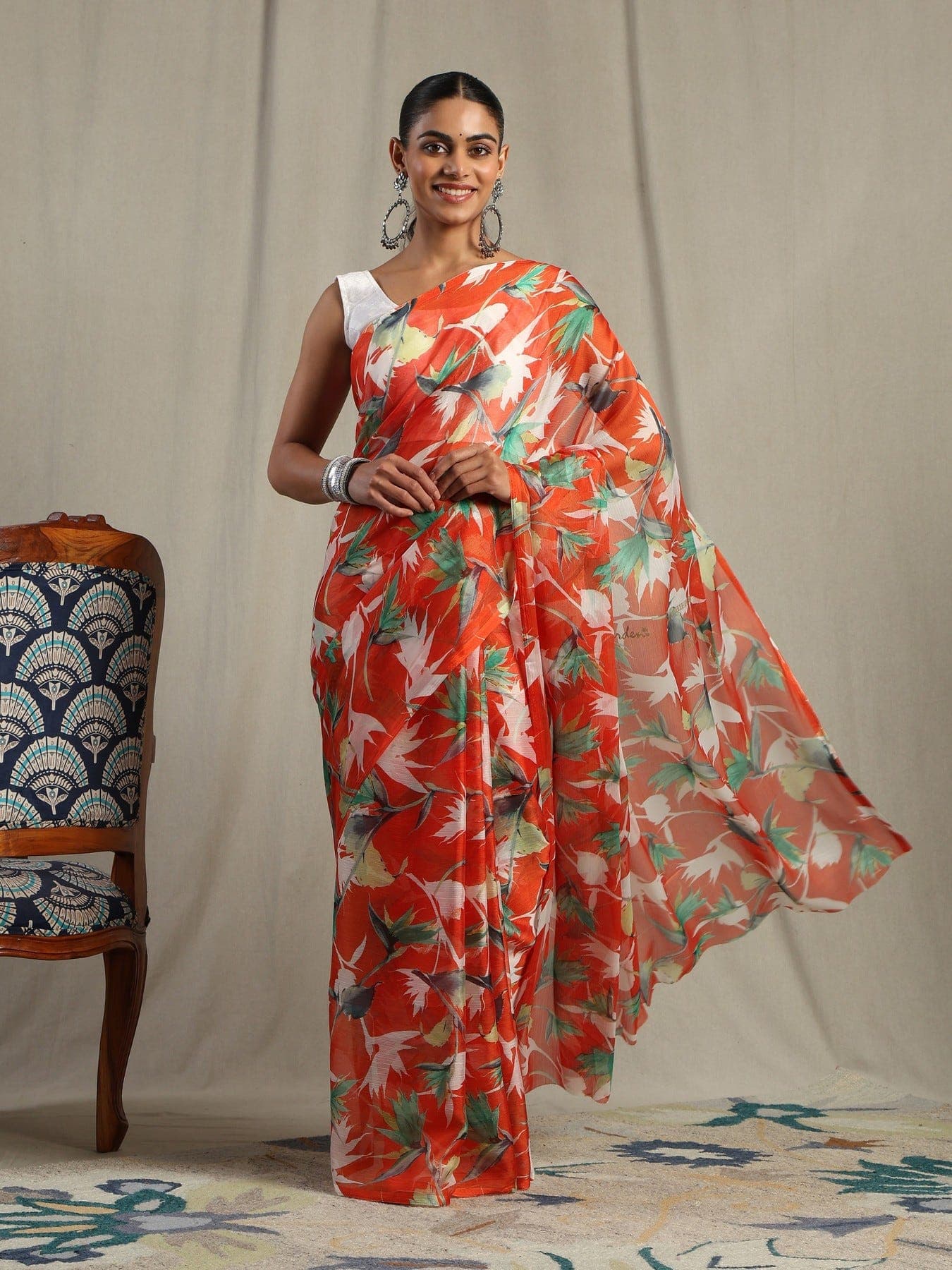 Women's Orange Festive Floral Saree