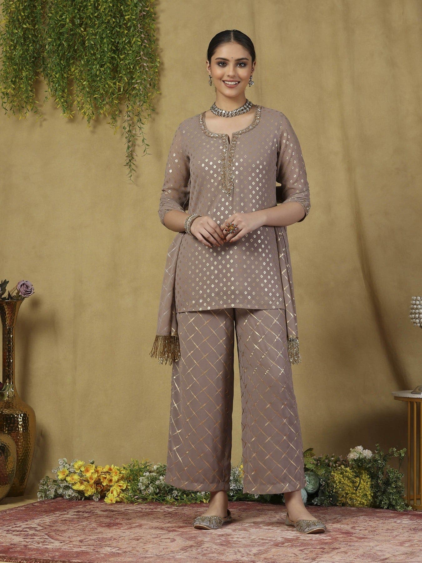 Women's Brown Party Three Quarter Sleeves Co-ords Set With Dupatta