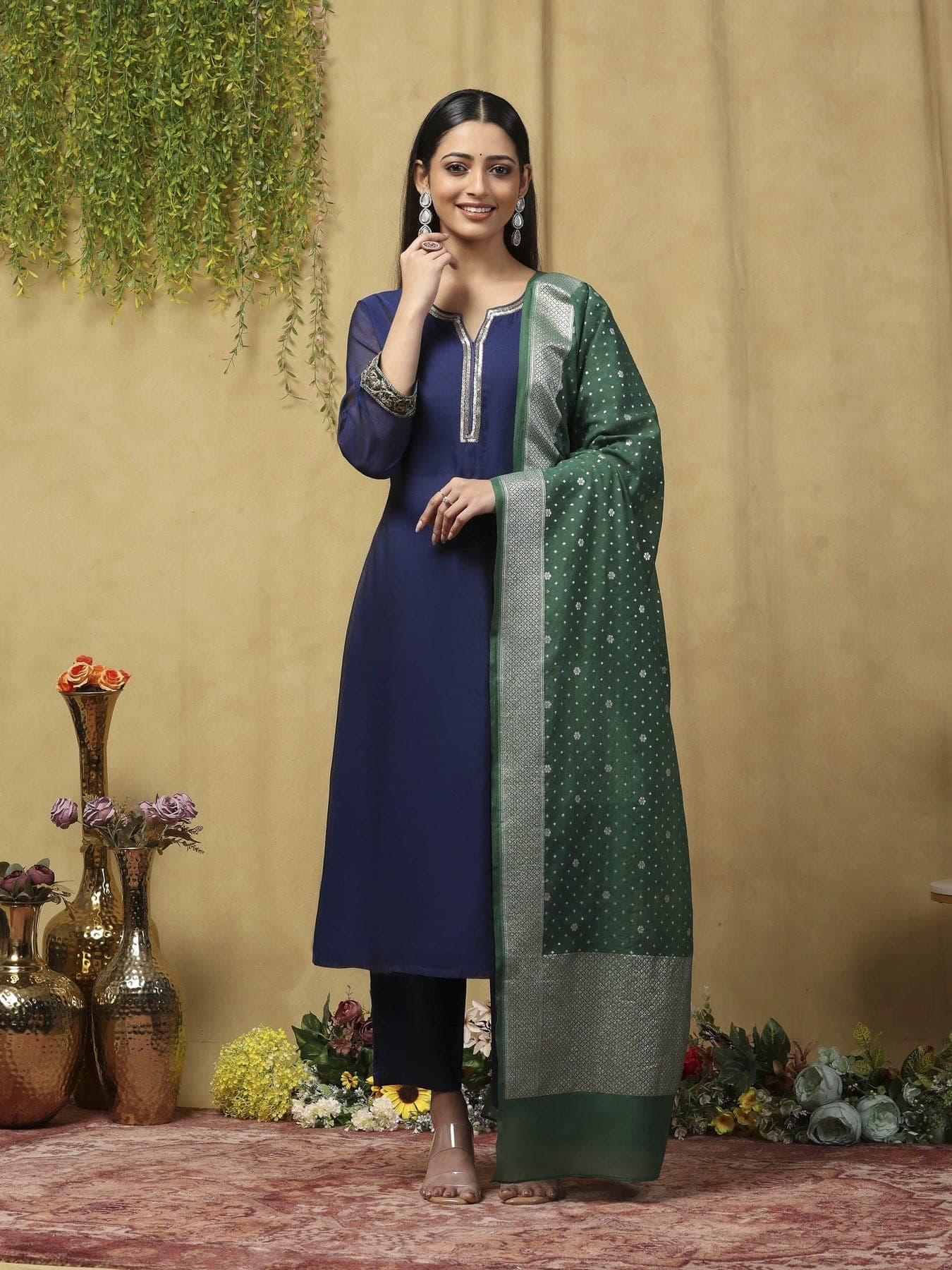 Women's Blue Party Three Quarter Sleeves Kurta Sets With Dupatta