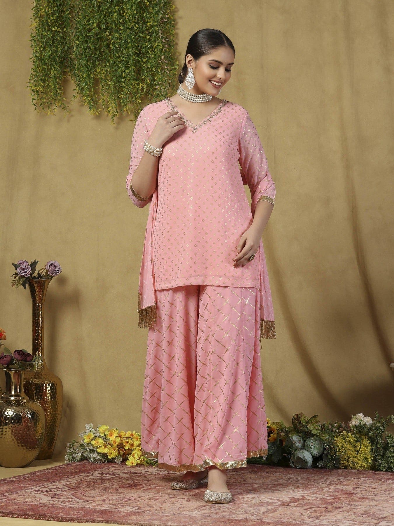 Women's Pink Party Three Quarter Sleeves Kurta Sets With Dupatta