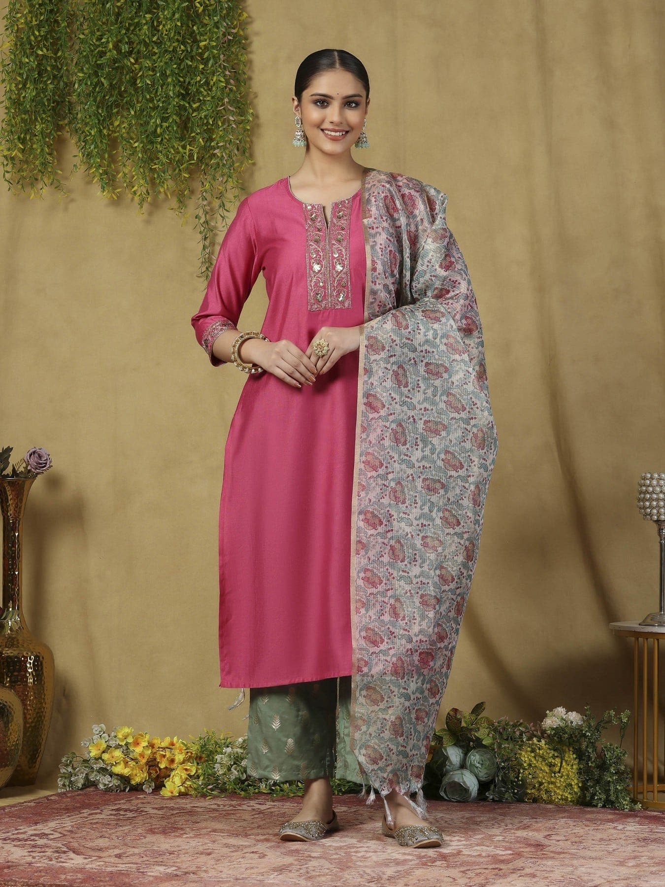 Women's Pink Party Three Quarter Sleeves Kurta Sets With Dupatta