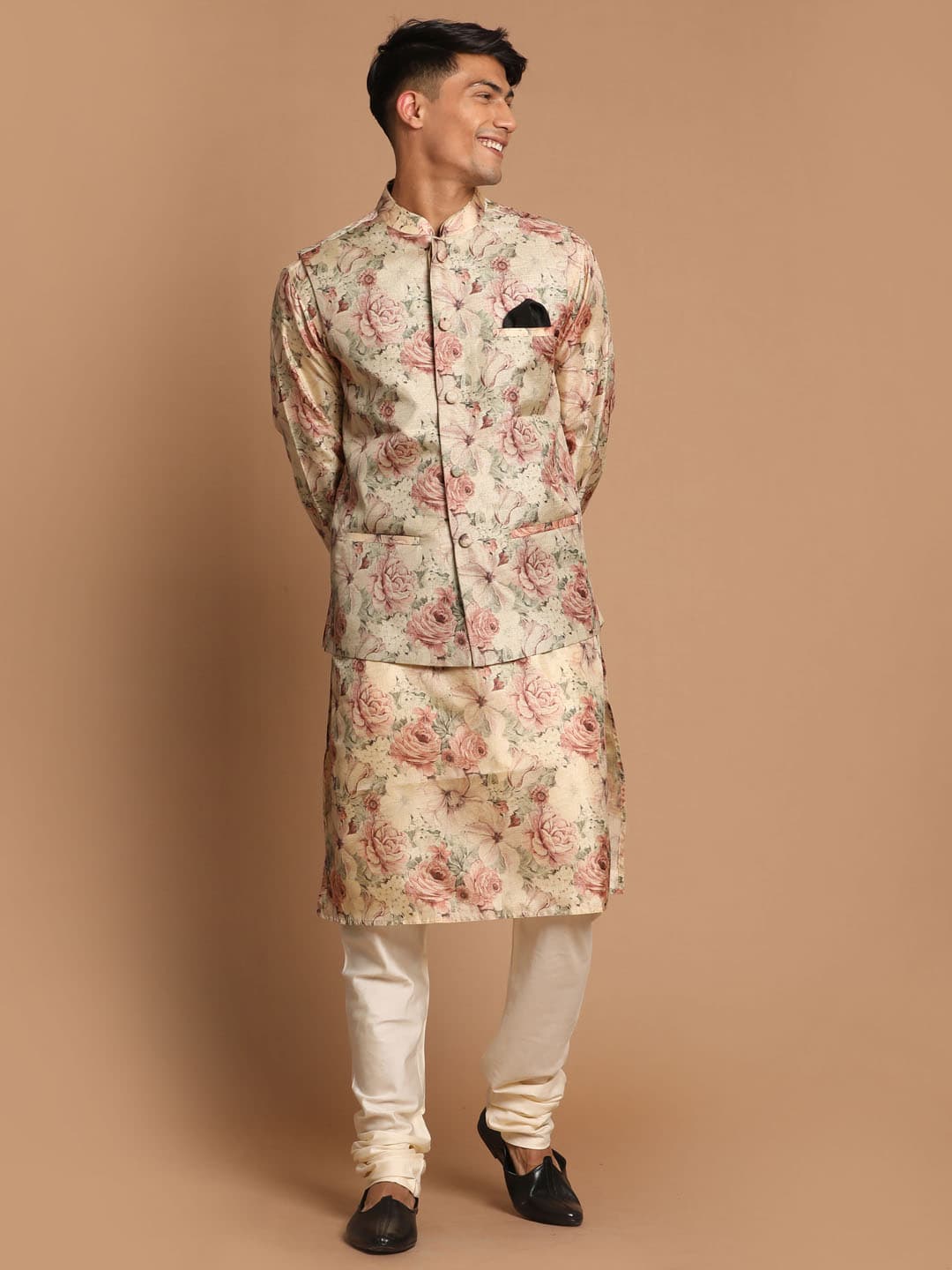 Men's Cream and Brown Silk Blend Jacket, Kurta and Pyjama Set