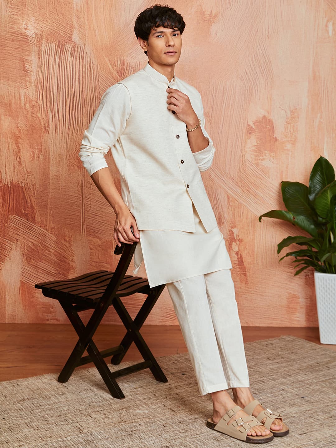 Men's Cream Khadi Cotton Jacket, Kurta and Pyjama Set