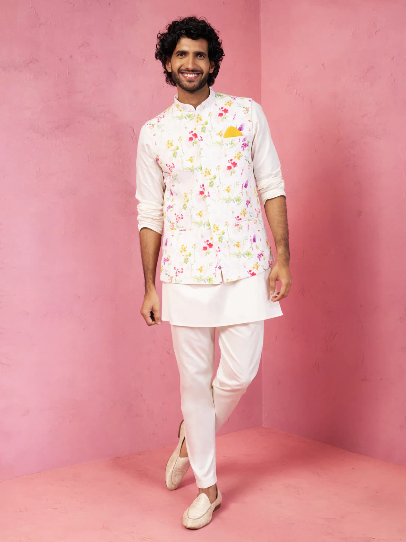 Men's Cream White Silk Blend Nehru Jacket Kurta Pyjama Set