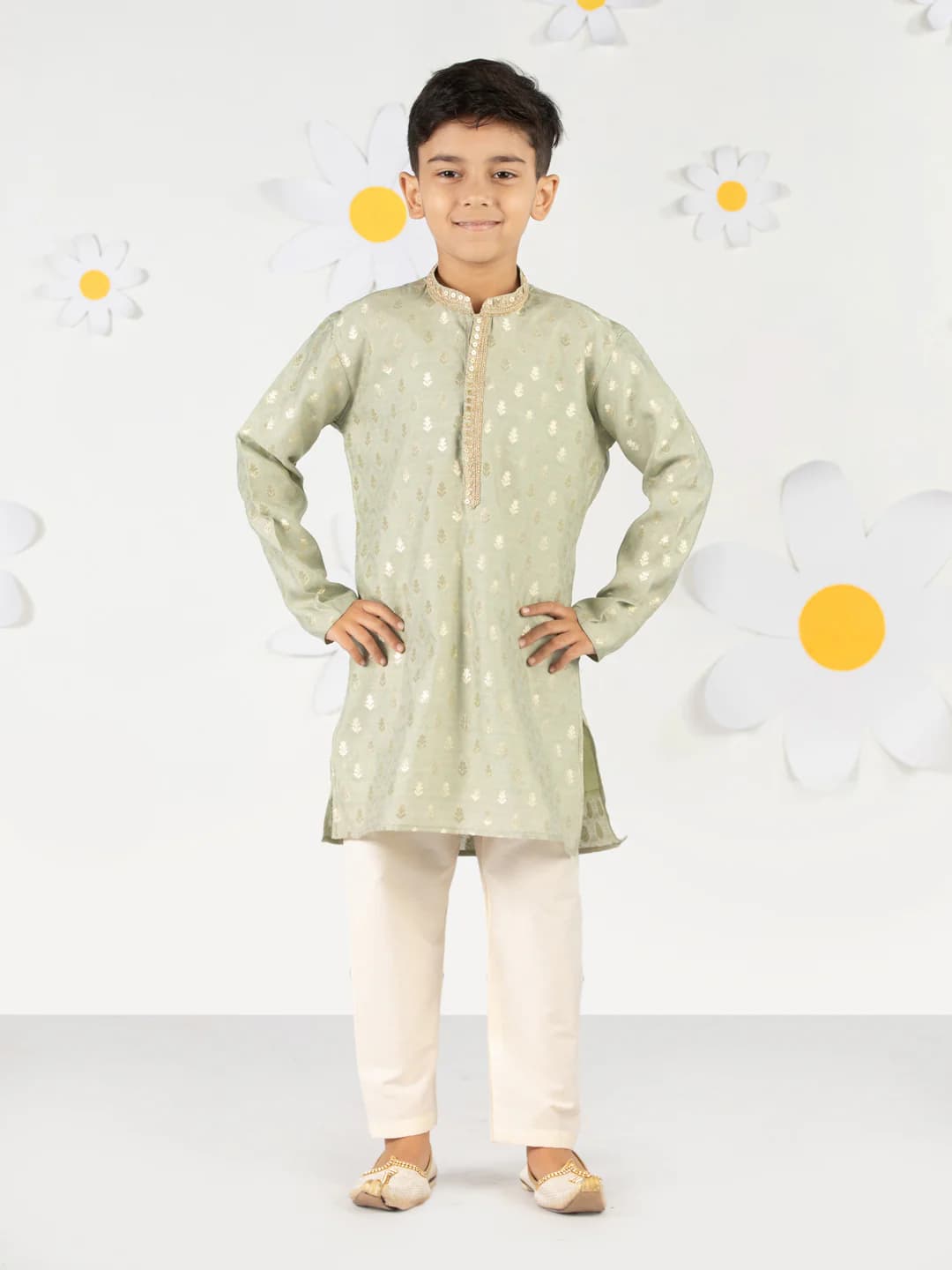 Boys Green Festive Printed Embroidered Full Sleeves Mint Silk Kurta and Pyjama Set