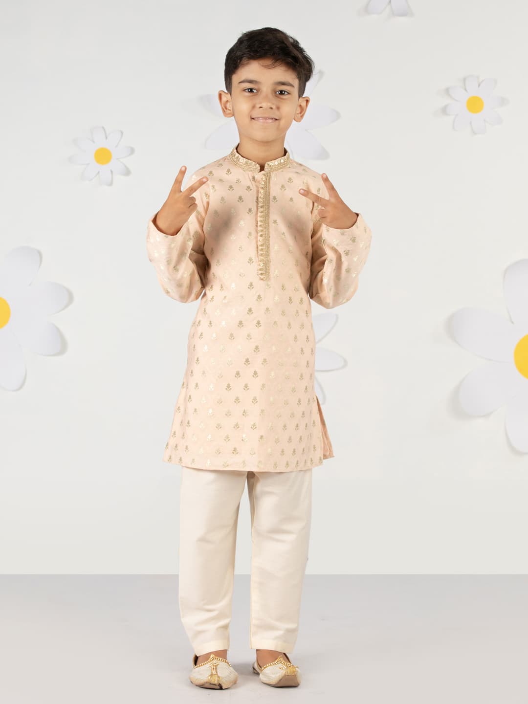 Boys Pink Festive Printed Embroidered Full Sleeves Silk Kurta and Pyjama Set