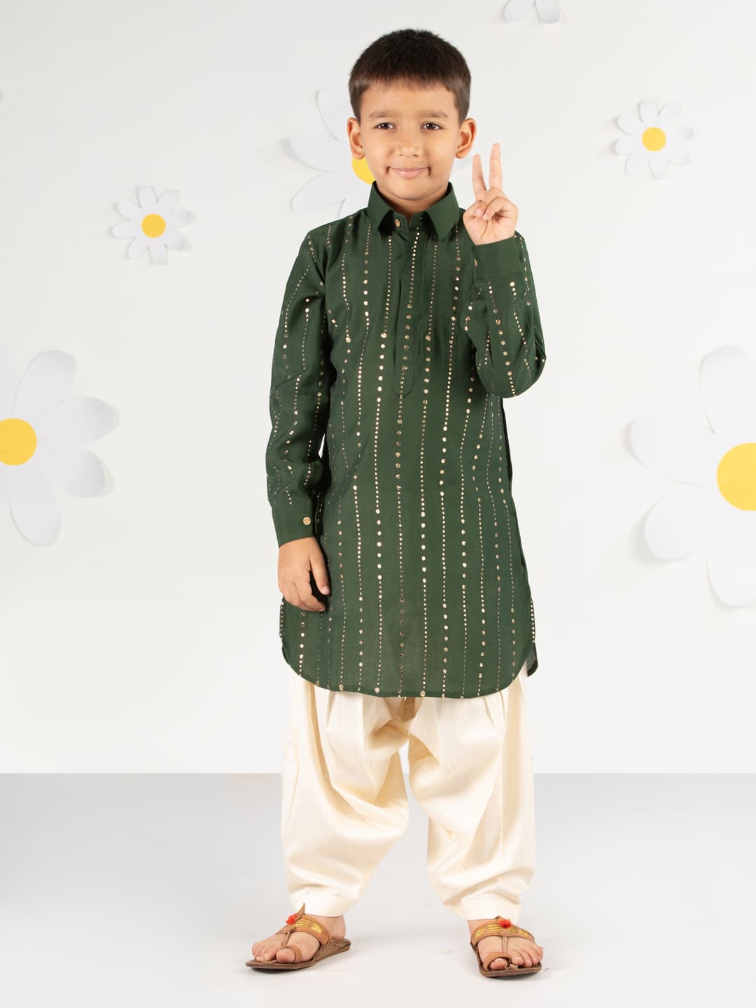 Boys Green Festive Printed Embroidered Full Sleeves Bottle Kurta and Patiala Set