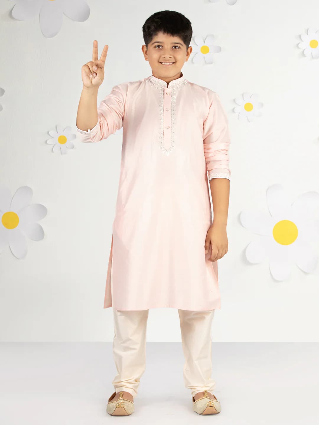Boys Pink Festive Printed Embroidered Full Sleeves Kurta Kurta and Pyjama Set