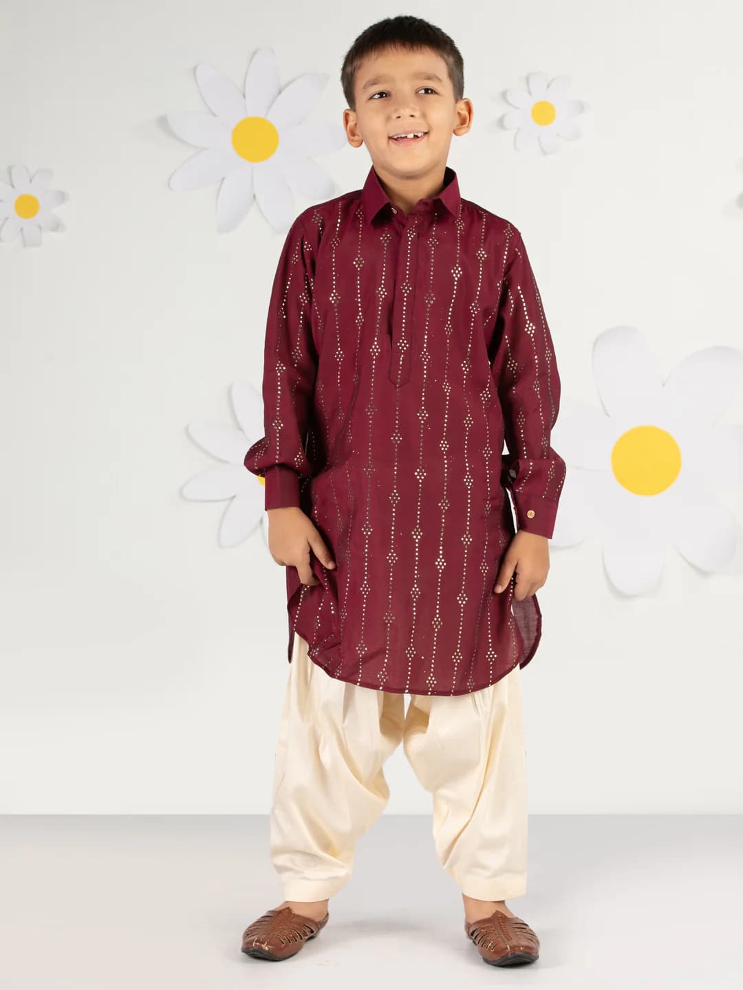 Boys Red Festive Printed Embroidered Full Sleeves Kurta and Patiala Set