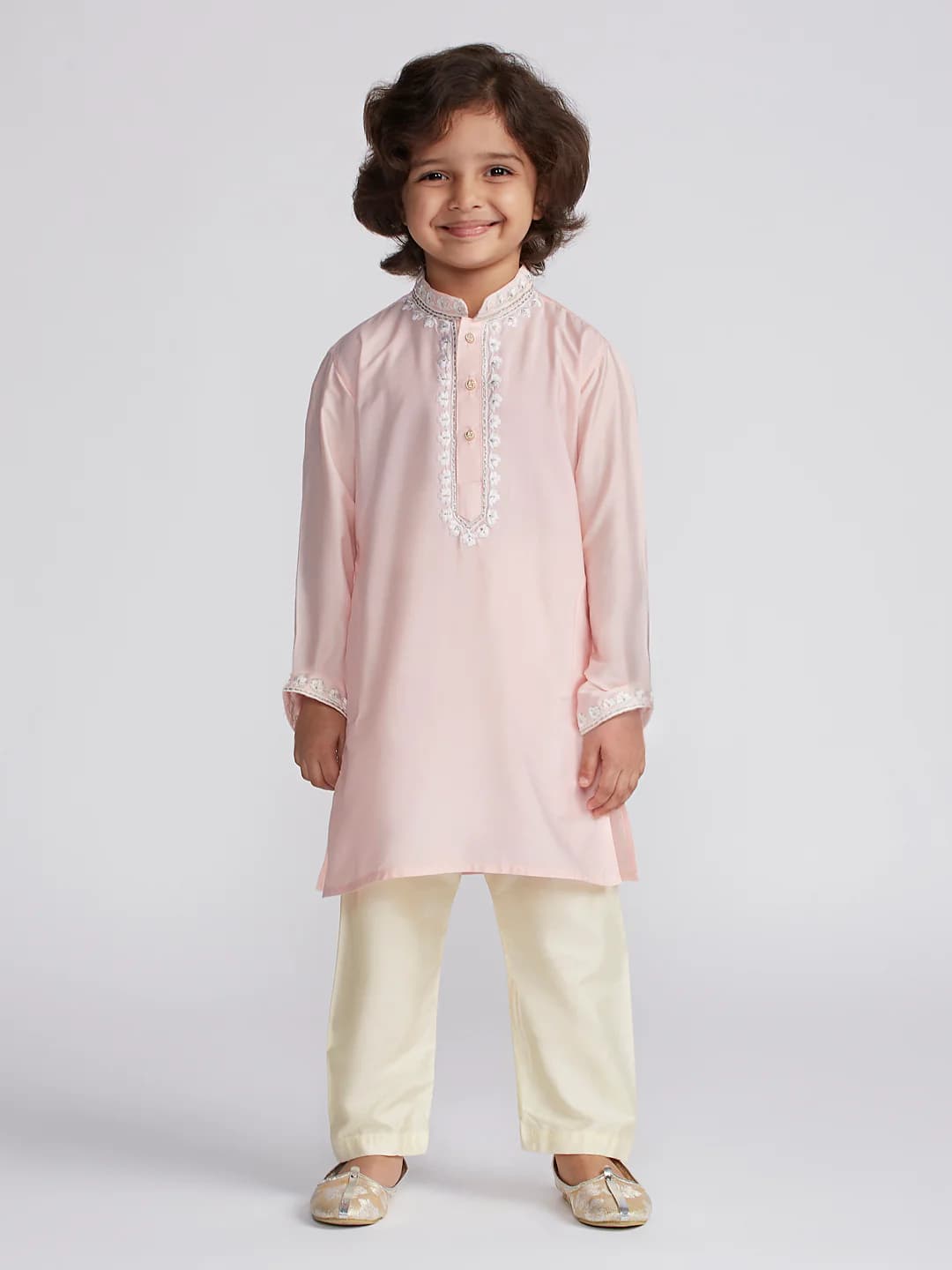 Boys Pink Festive Printed Embroidered Full Sleeves Kurta Kurta and Pyjama Set