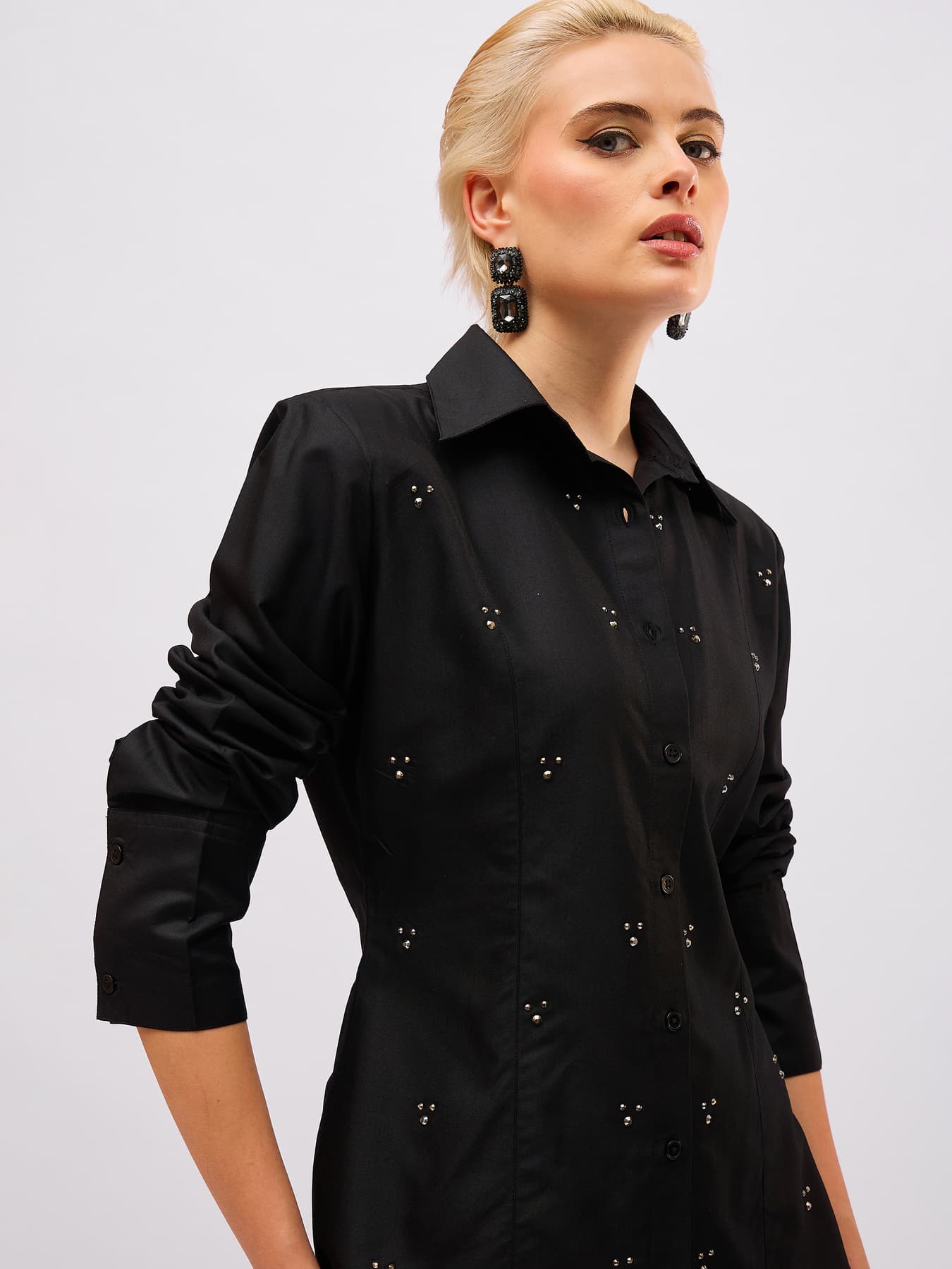 Women's Black Casual Embellished Slim Fit Full Sleeves Shirt