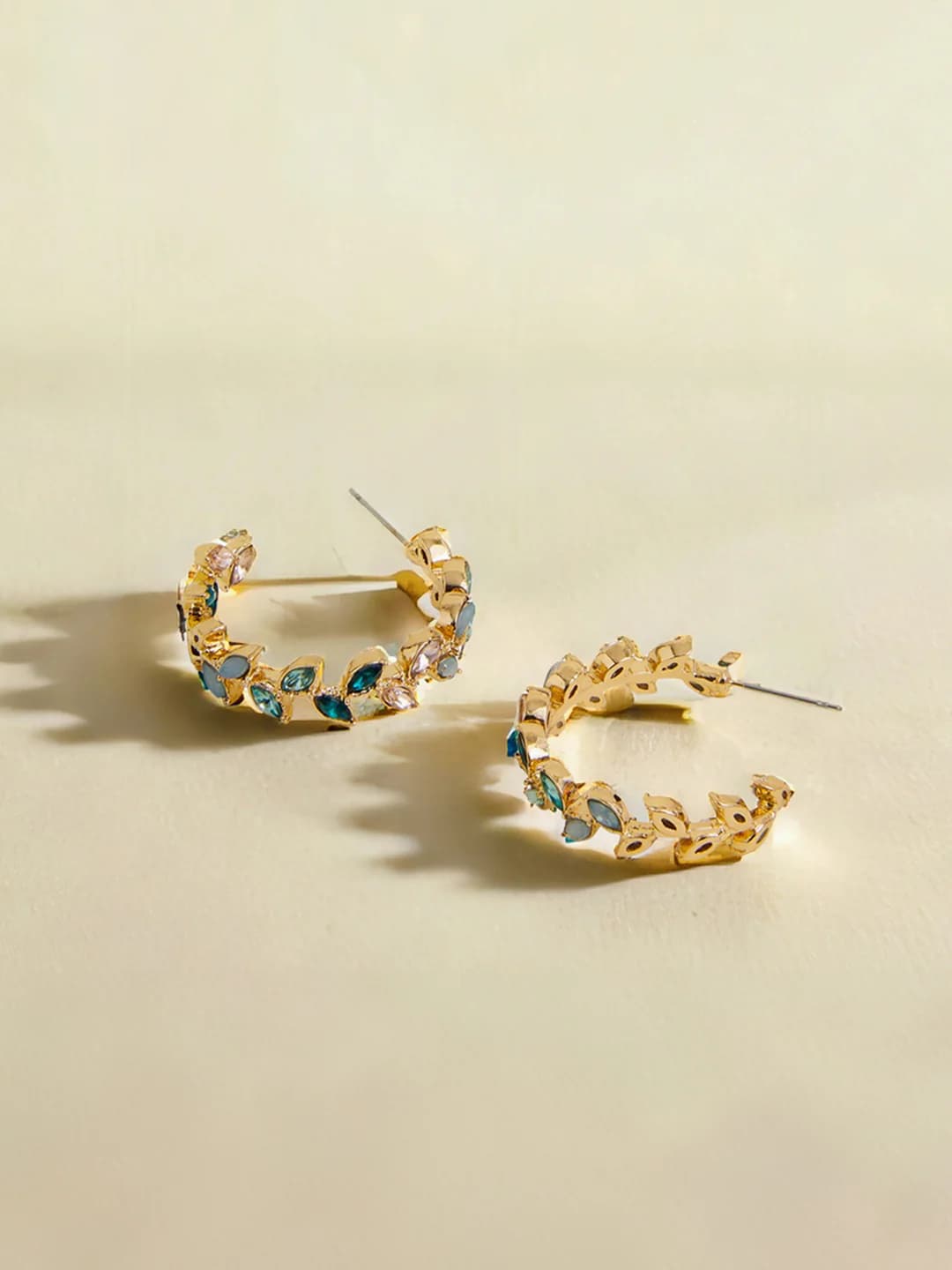 Women's Vine Leaf Gem Hoop Gold Earrings