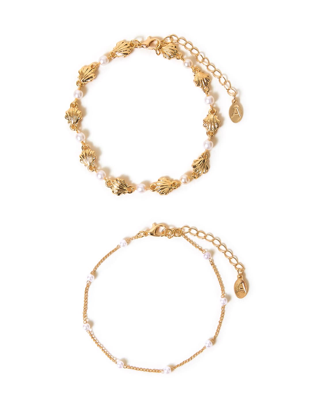 Women's Gold Shell Pearl Chain Anklets - Pack Of 3