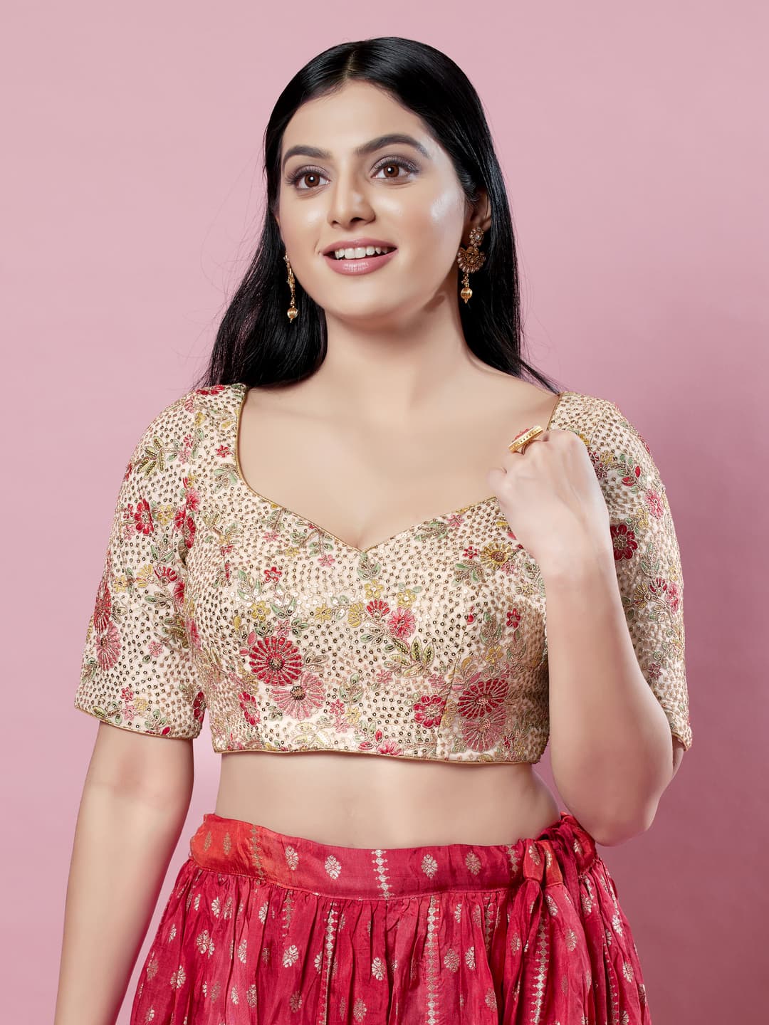 Women's Cream Festive Embroidered Padded Saree Blouse