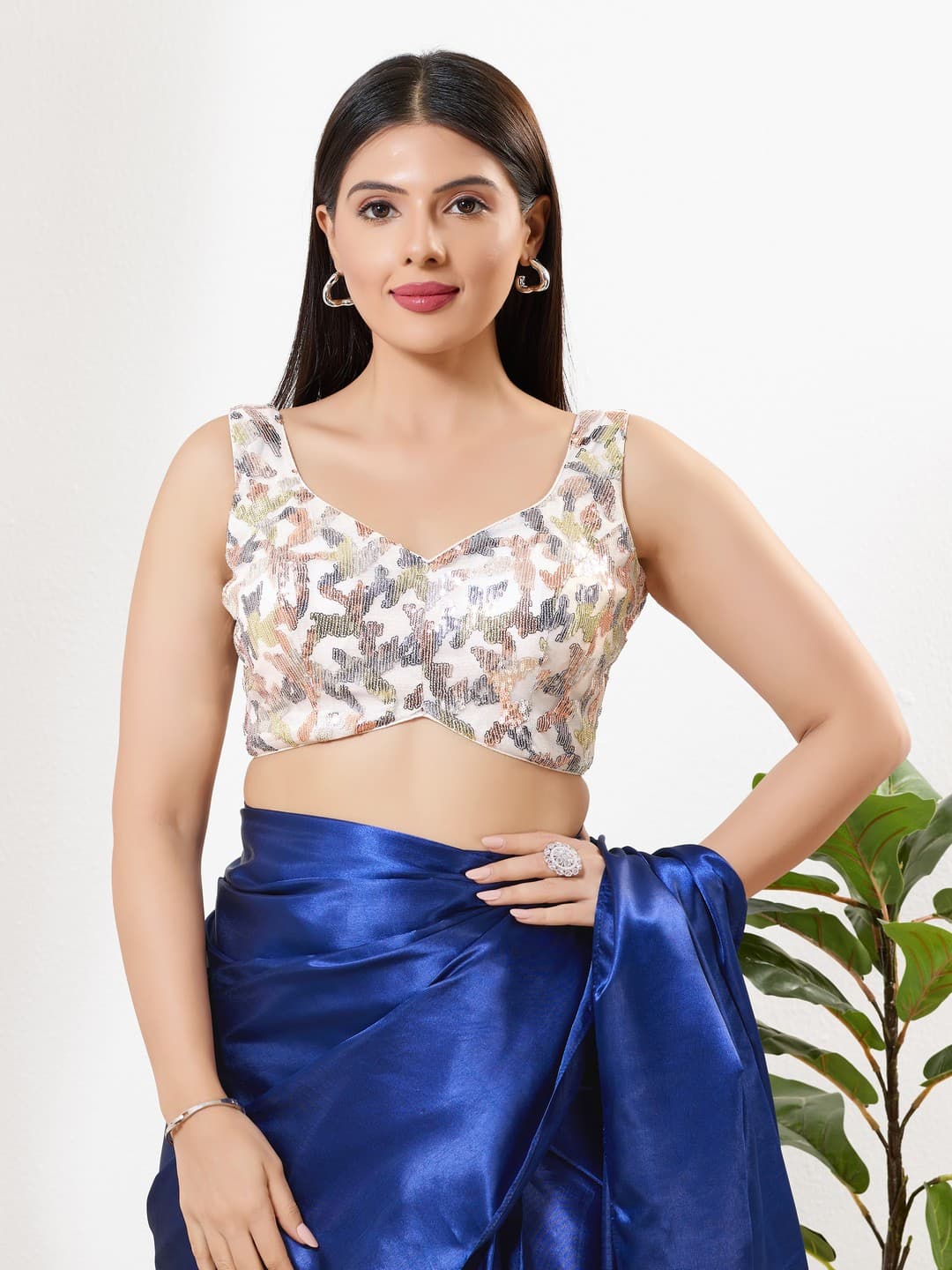 Women's White Festive Sequins Padded Saree Blouse