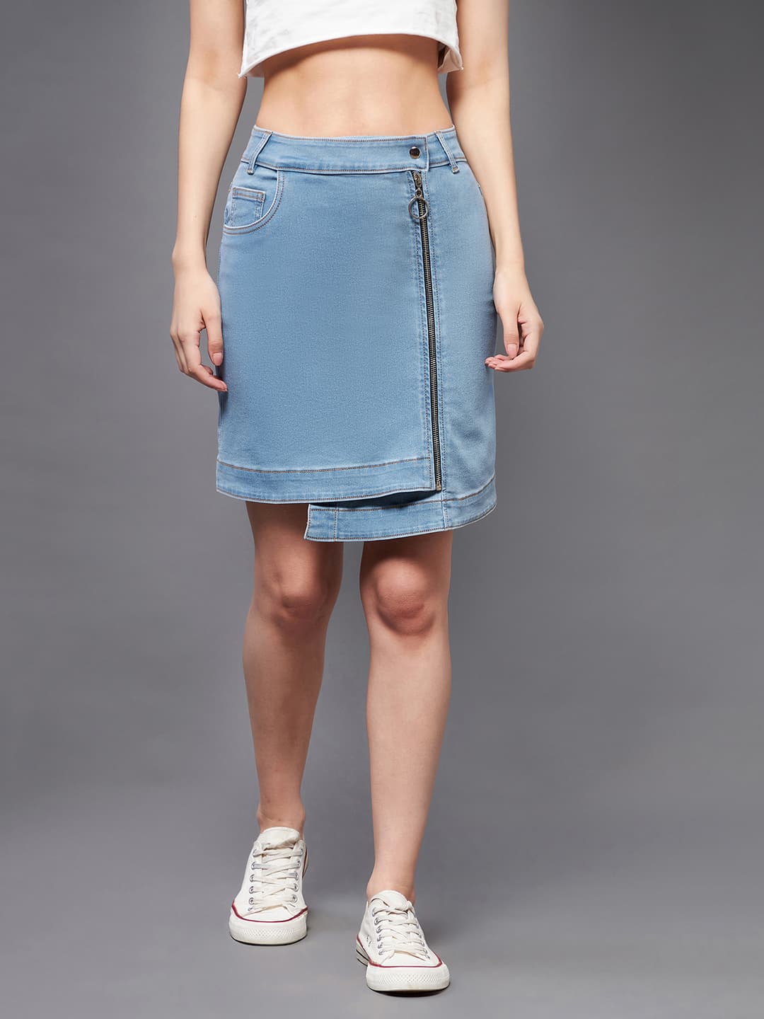 Women's Light Blue Casual Solid Regular High Rise Above Knee Stretchable Denim Skirt
