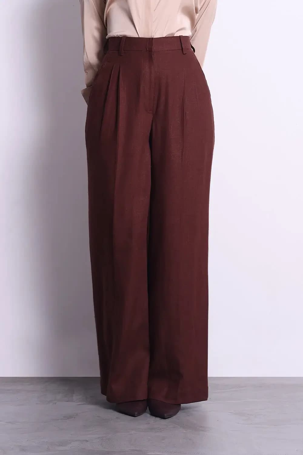Women's Brown Formal Solid High Rise With Laidback Linen Pleat Pant