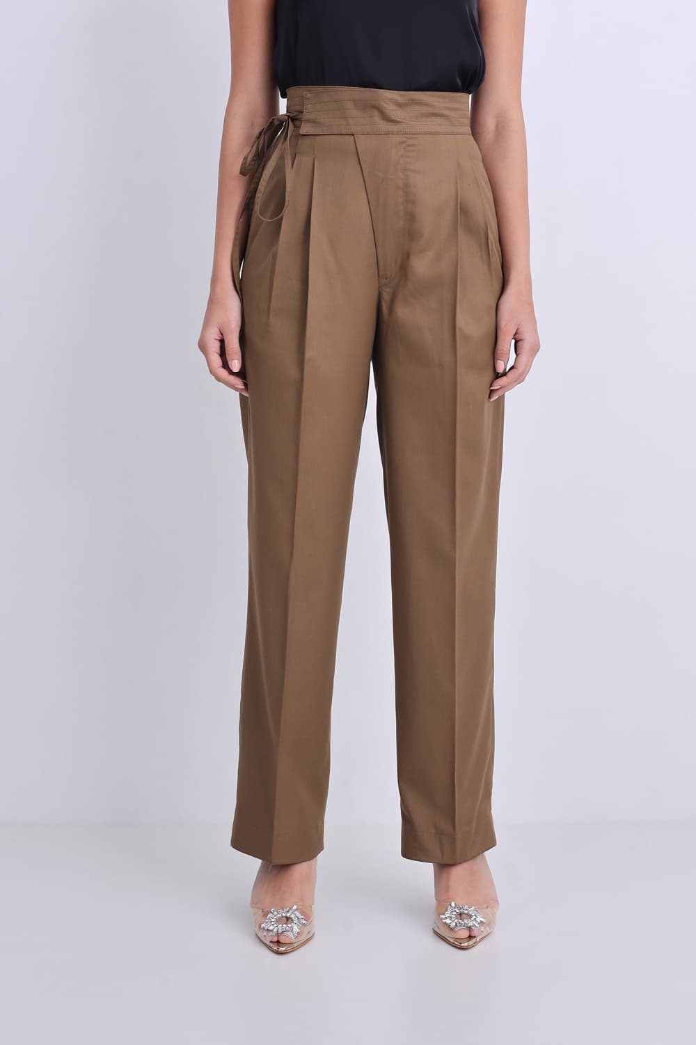 Women's Beige Formal Solid High Rise Waistband Tie Up Adjustable Pant