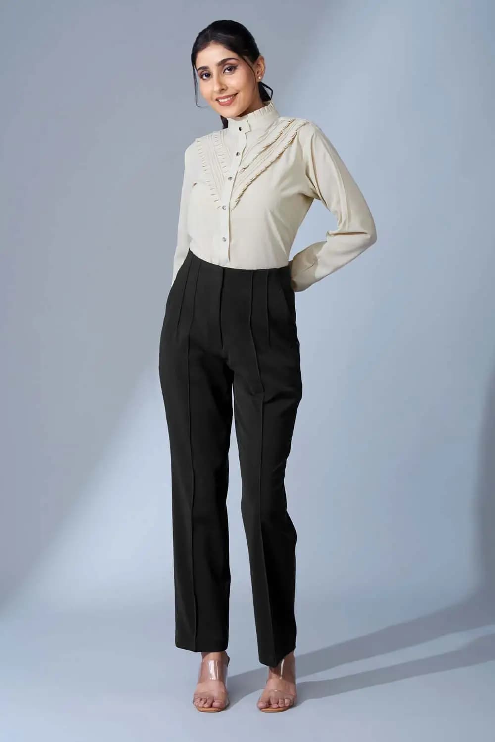Women's Black Formal Solid High Rise Double Pintuck Pant