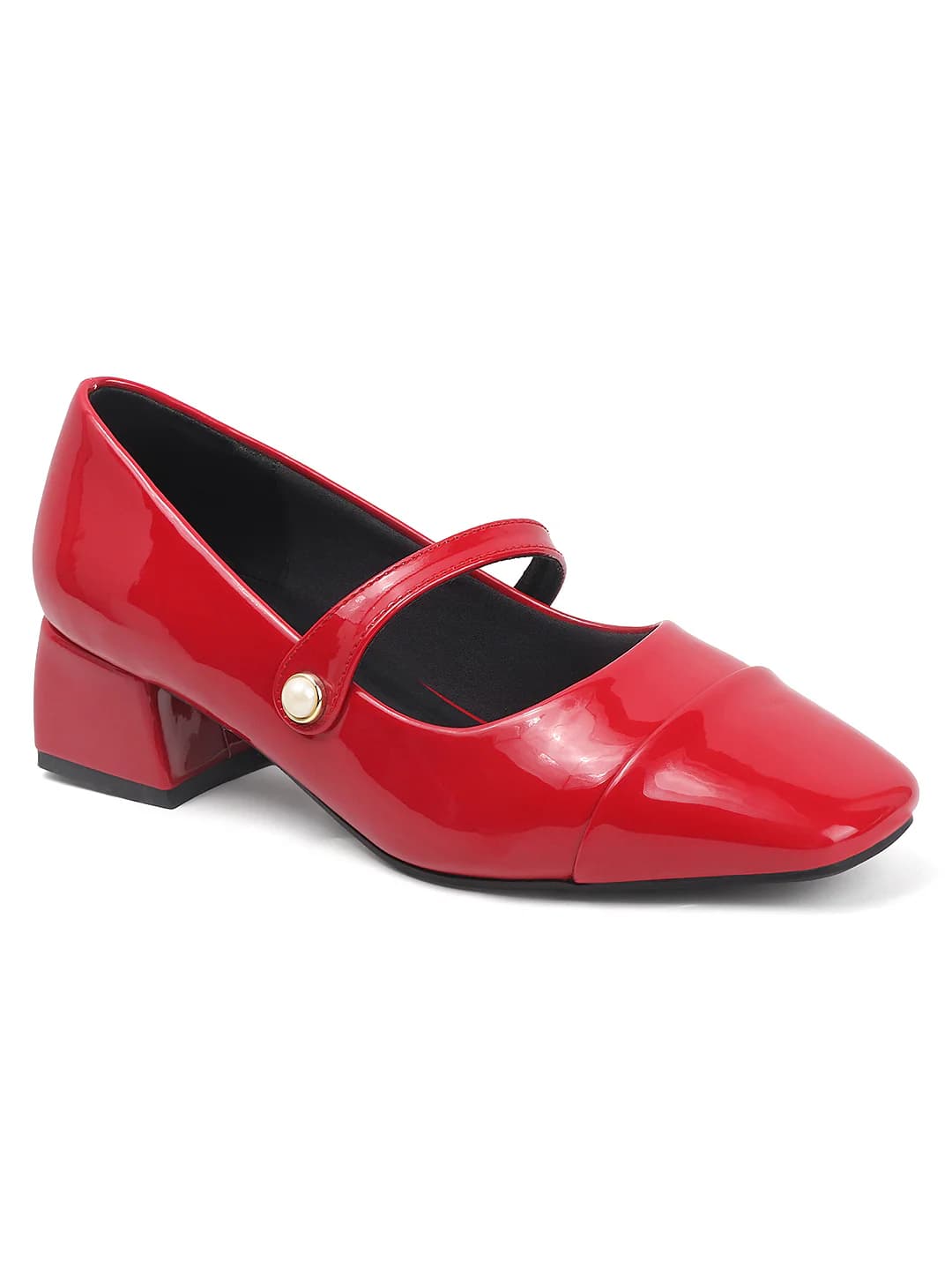Women's Red Stylish Patent Block Heels Mary Jane