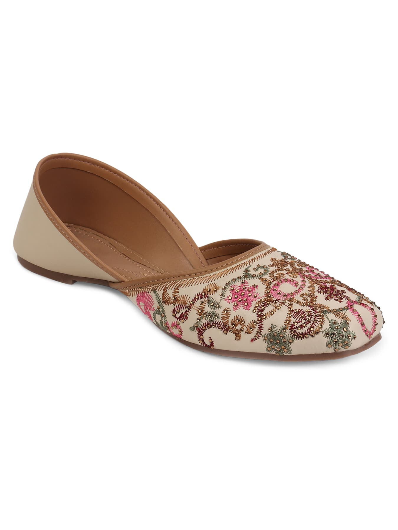 Women's Cream Artisanal Embroidered Ethnic Floral Threadwork Juttis