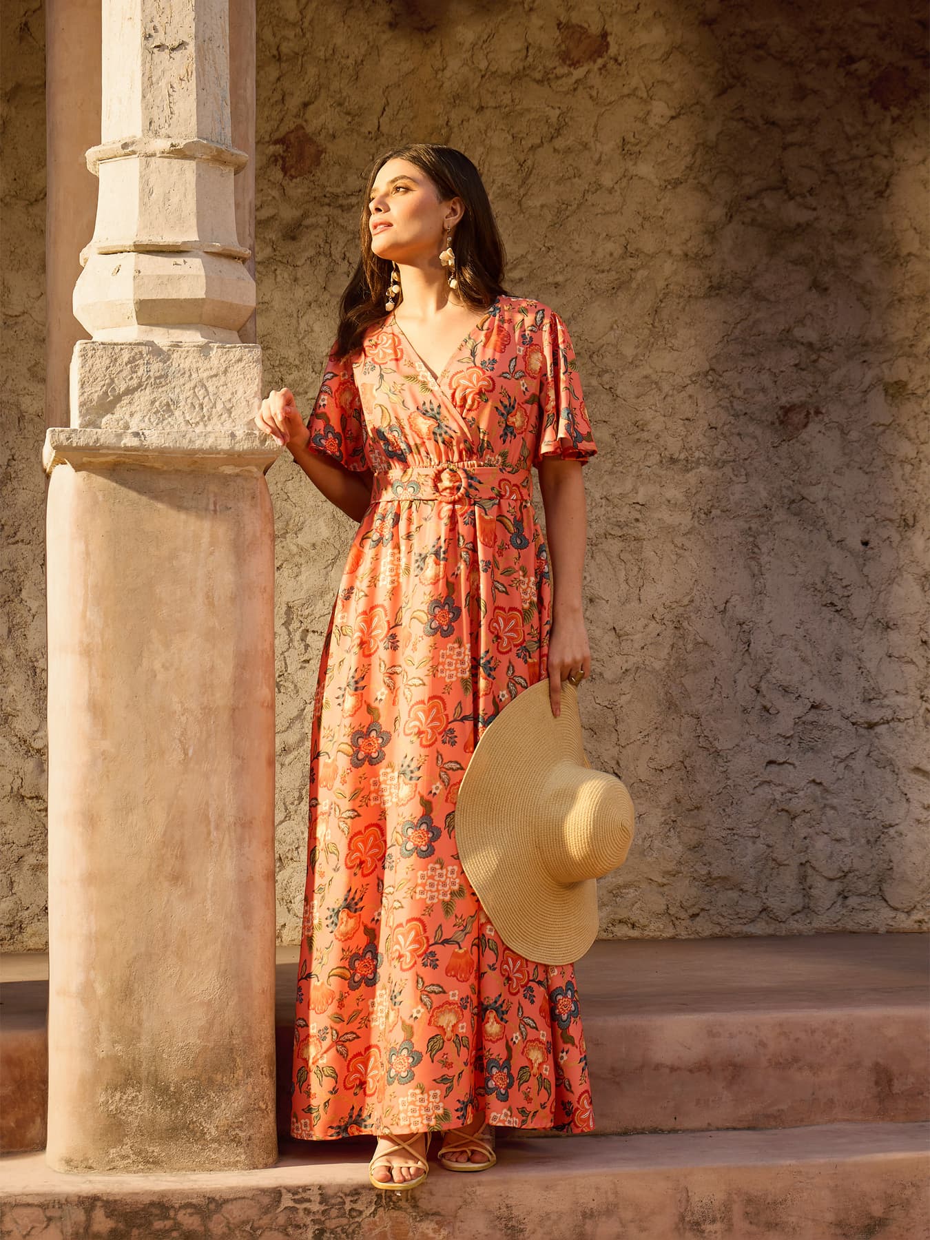 Women's Red Casual Floral V-Neck Dress