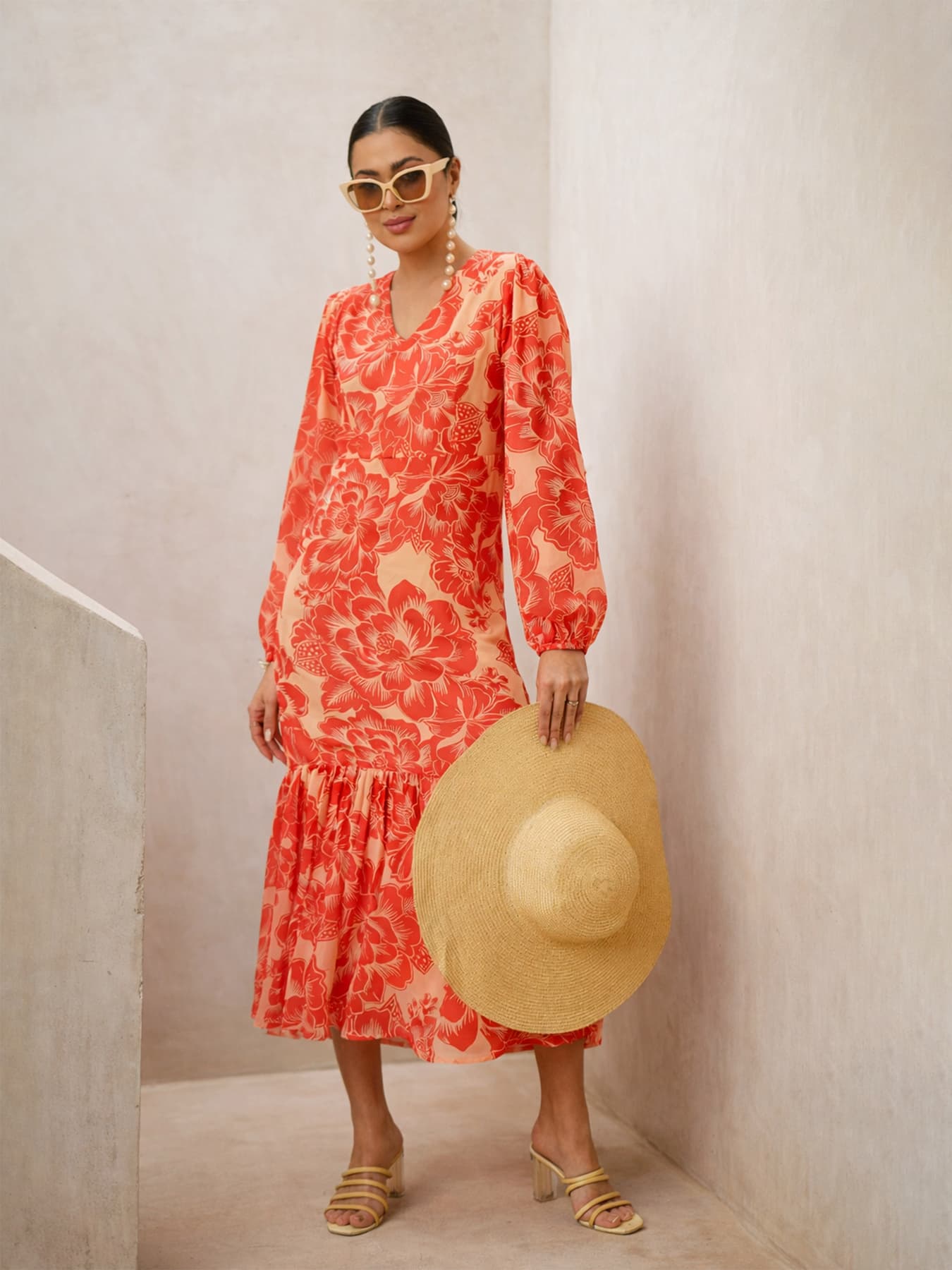 Women's Red Casual Floral V-Neck Dress