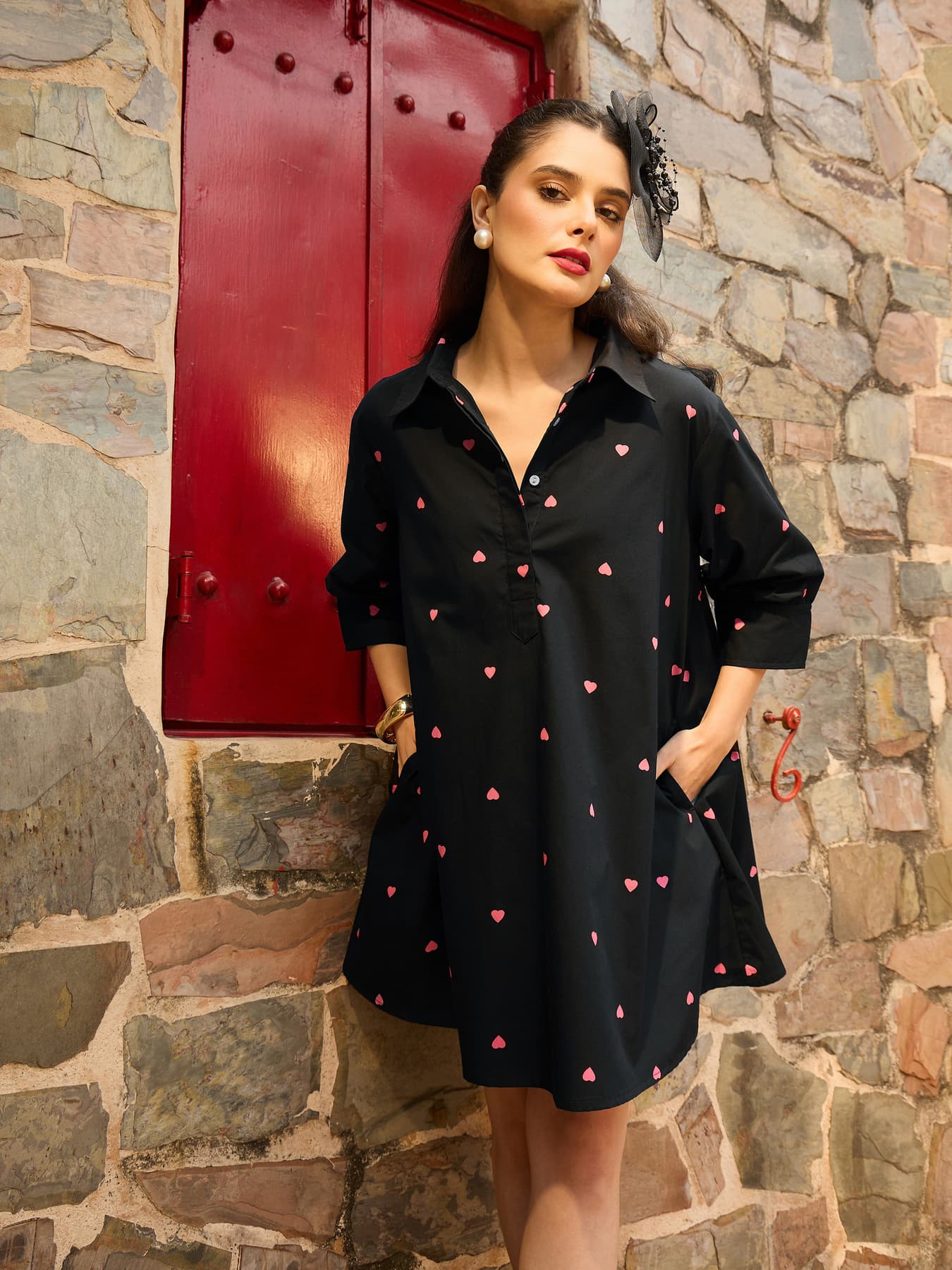 Women's Black Casual Printed Spread Collar Dress