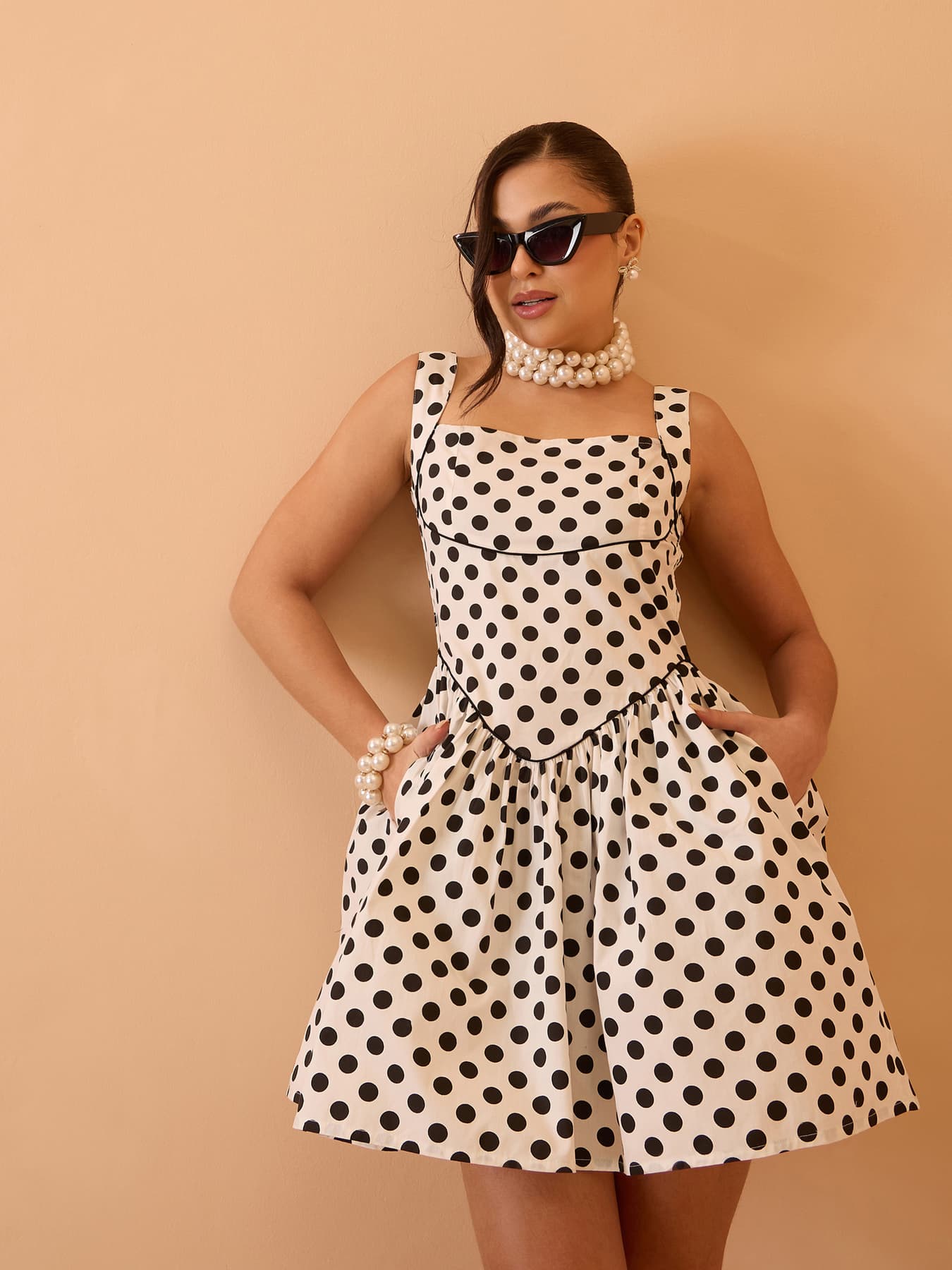 Women's White Casual Polka Dot Shoulder Strap Dress