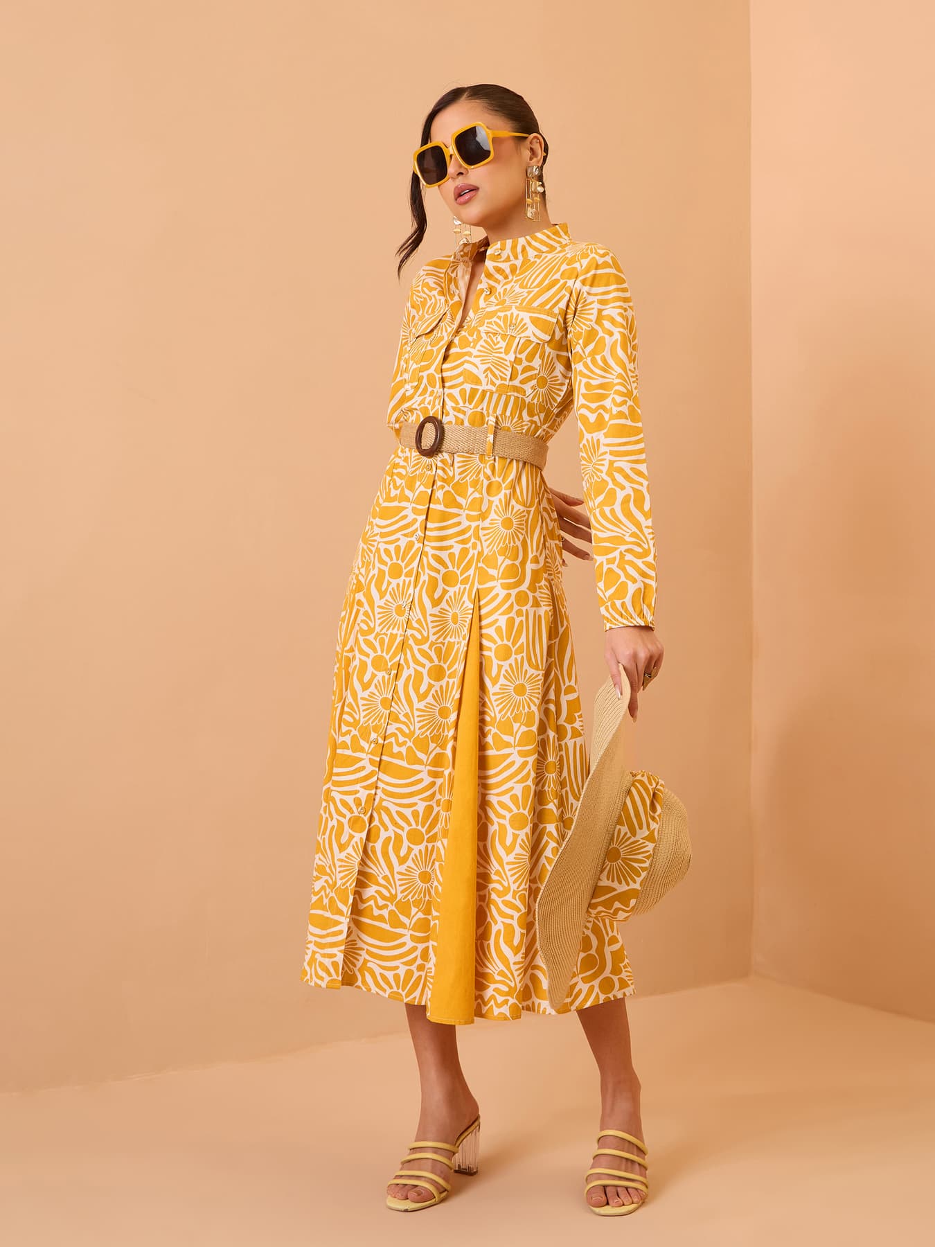 Women's Yellow Casual Floral Mandarin Collar Dress