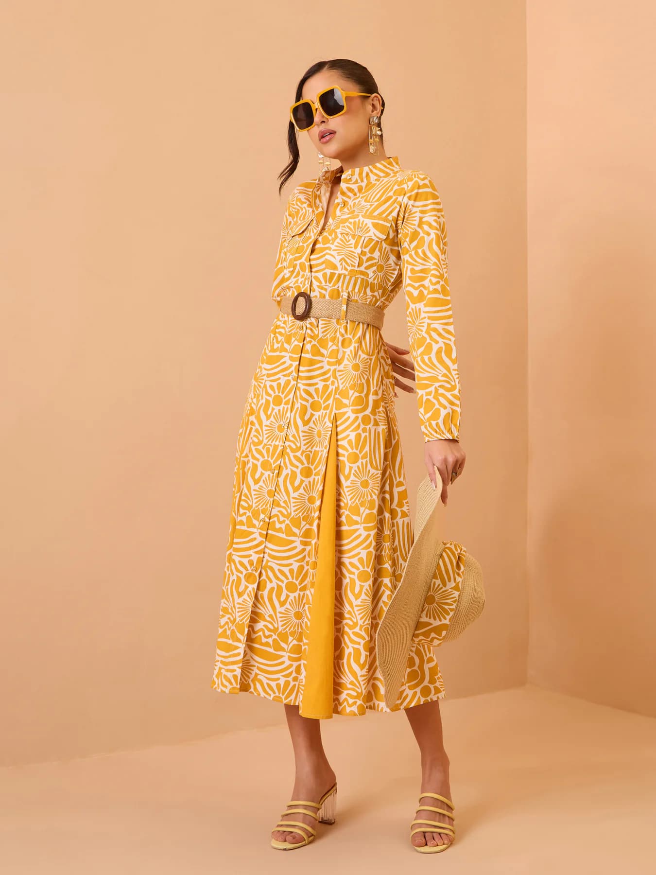 Women's Yellow Casual Floral Mandarin Collar Dress