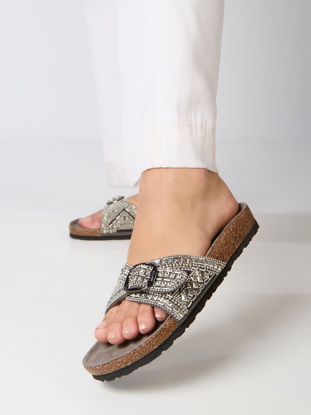 Women's Silver Casual Synthetic Flat Slip-Ons Sandals