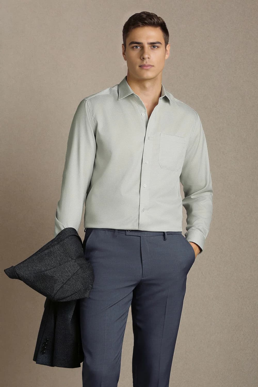 Men's Green Formal Regular Fit Textured Full Sleeves Permapress Cotton Shirt