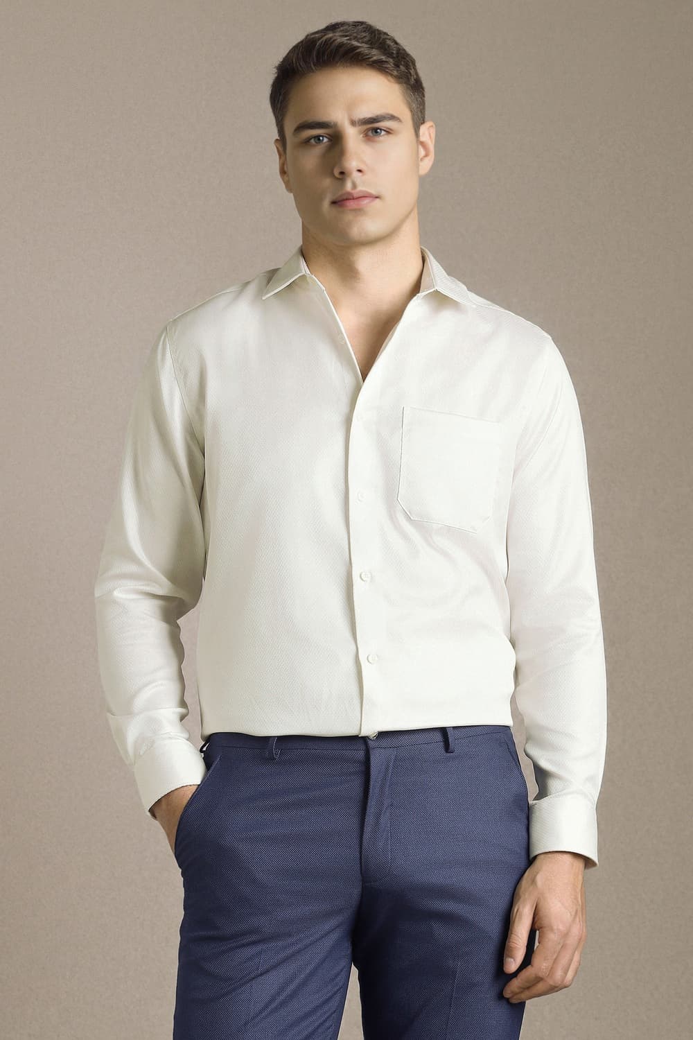 Men's Cream Formal Regular Fit Textured Full Sleeves Shirt