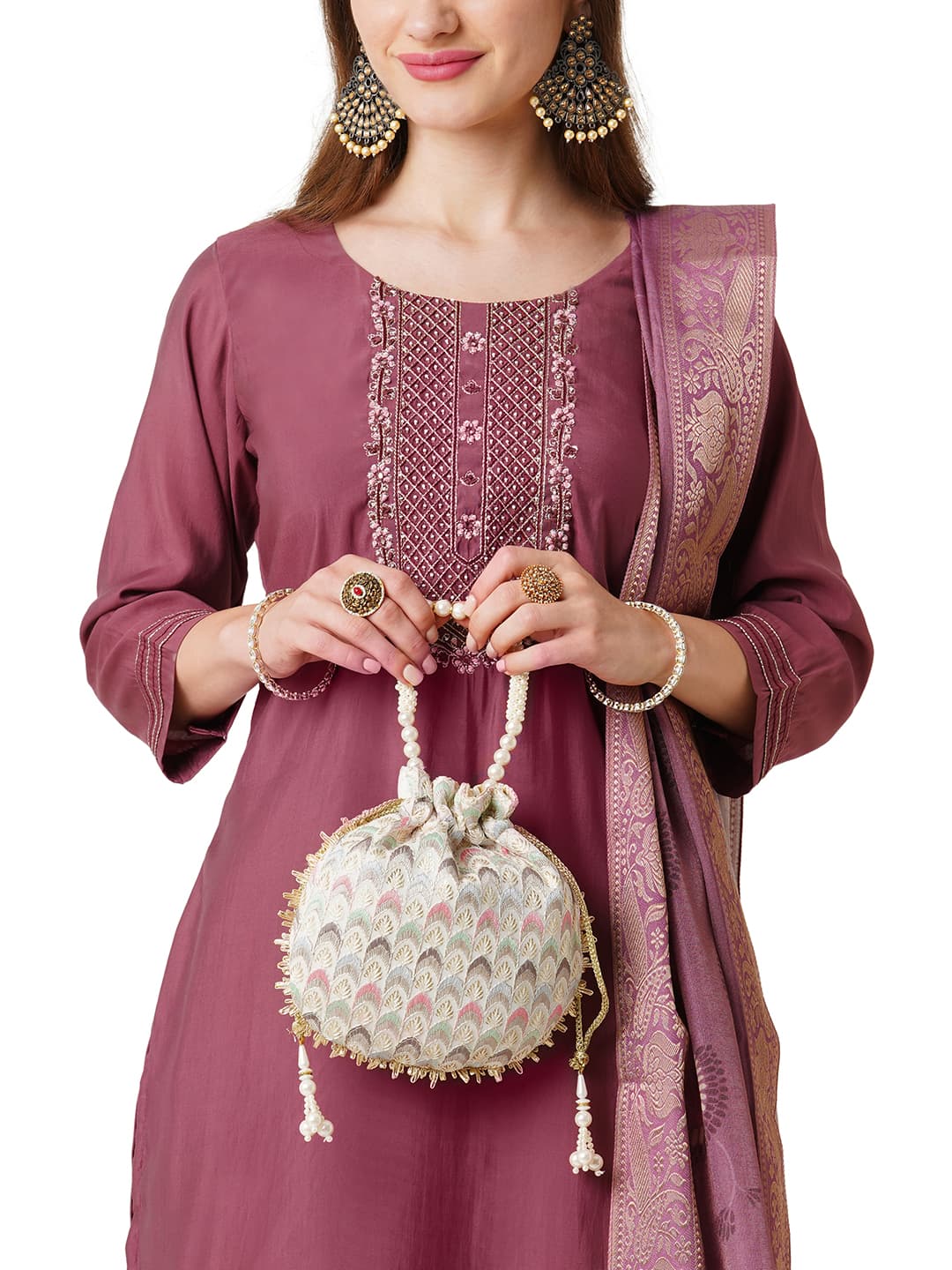 Women's White Party Embroidered Fabric Mini Bag