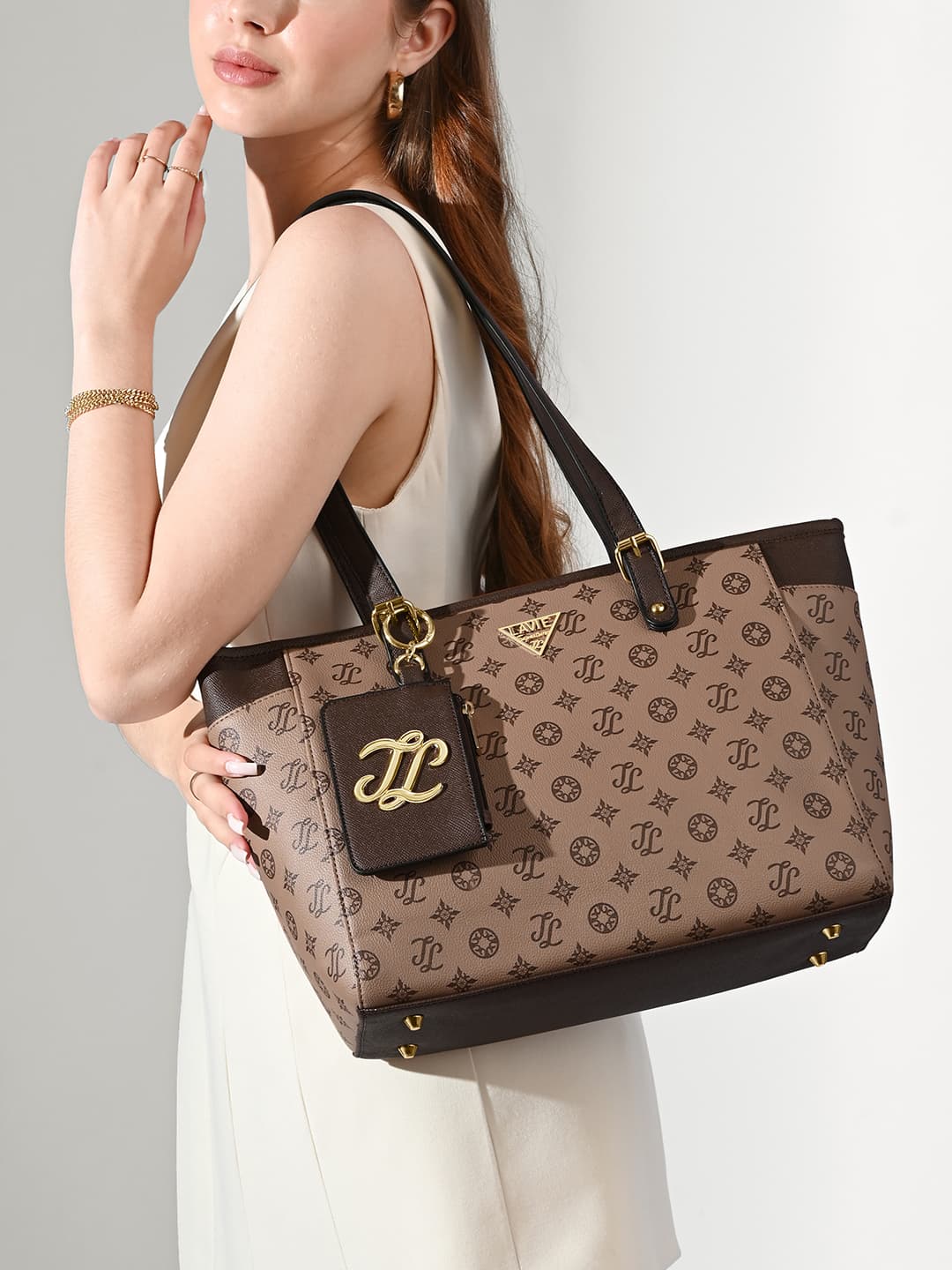 Women's Brown Casual Printed Synthetic Leather Tote Bag Handbag