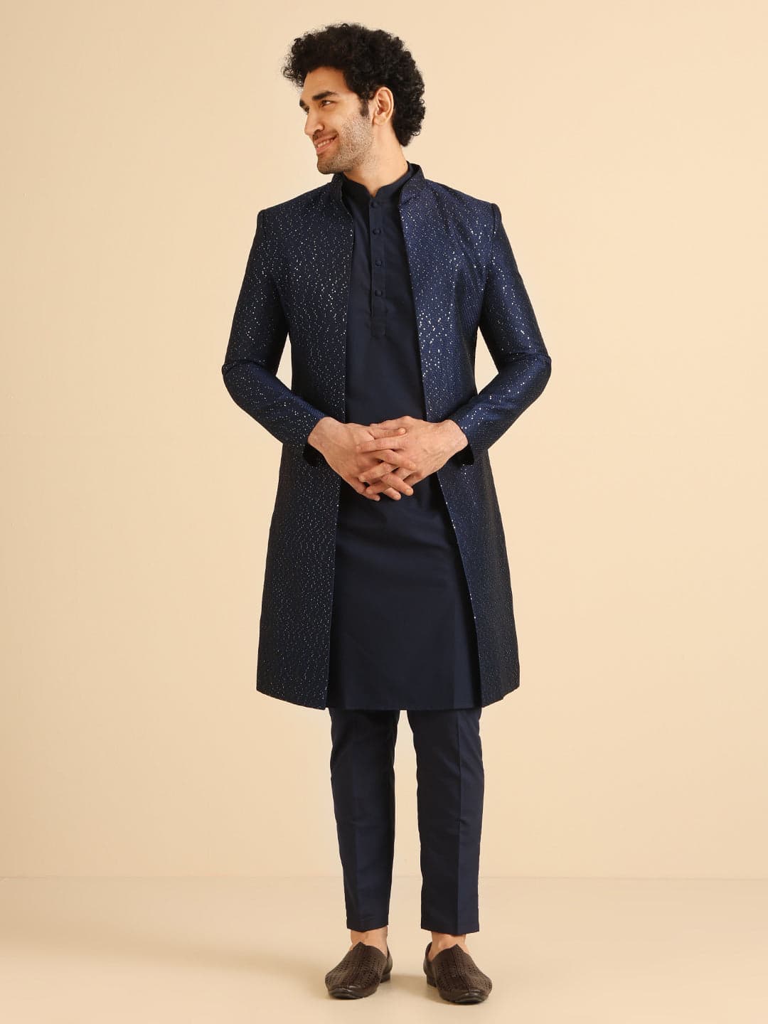 Men's Navy Blue Party Textured Kurta Sherwani Set