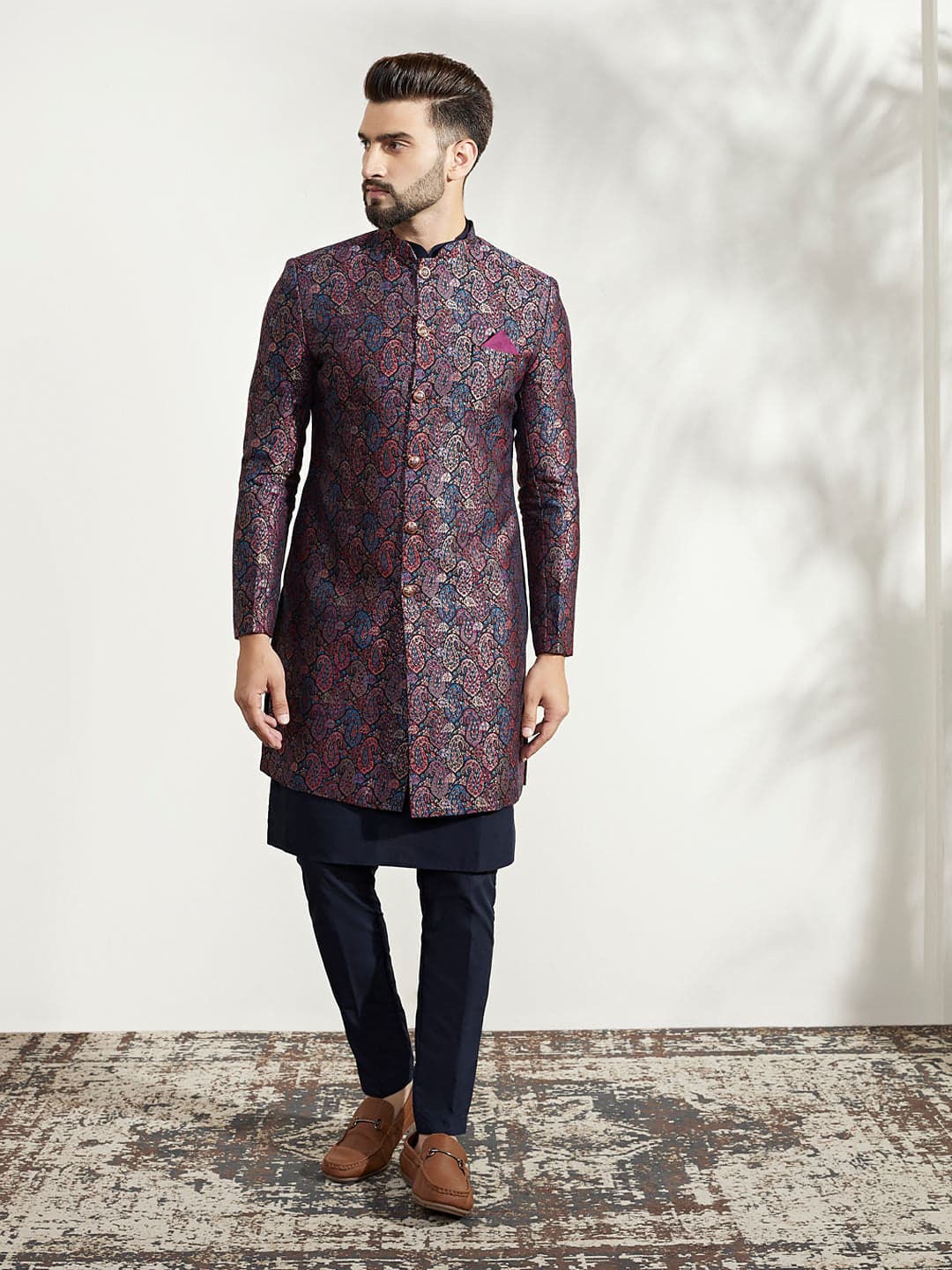 Men's Multicolour Party Textured Kurta Sherwani Set