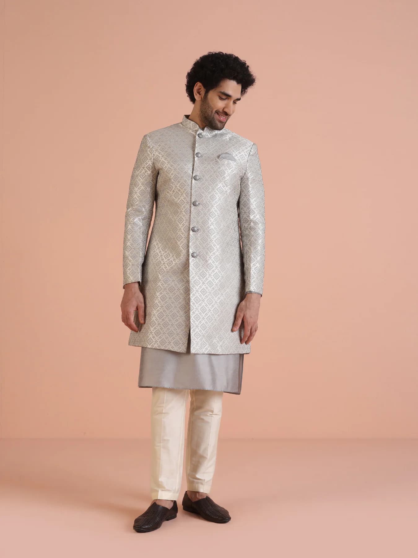 Men's Grey Party Woven Design Silk Kurta Sherwani Set