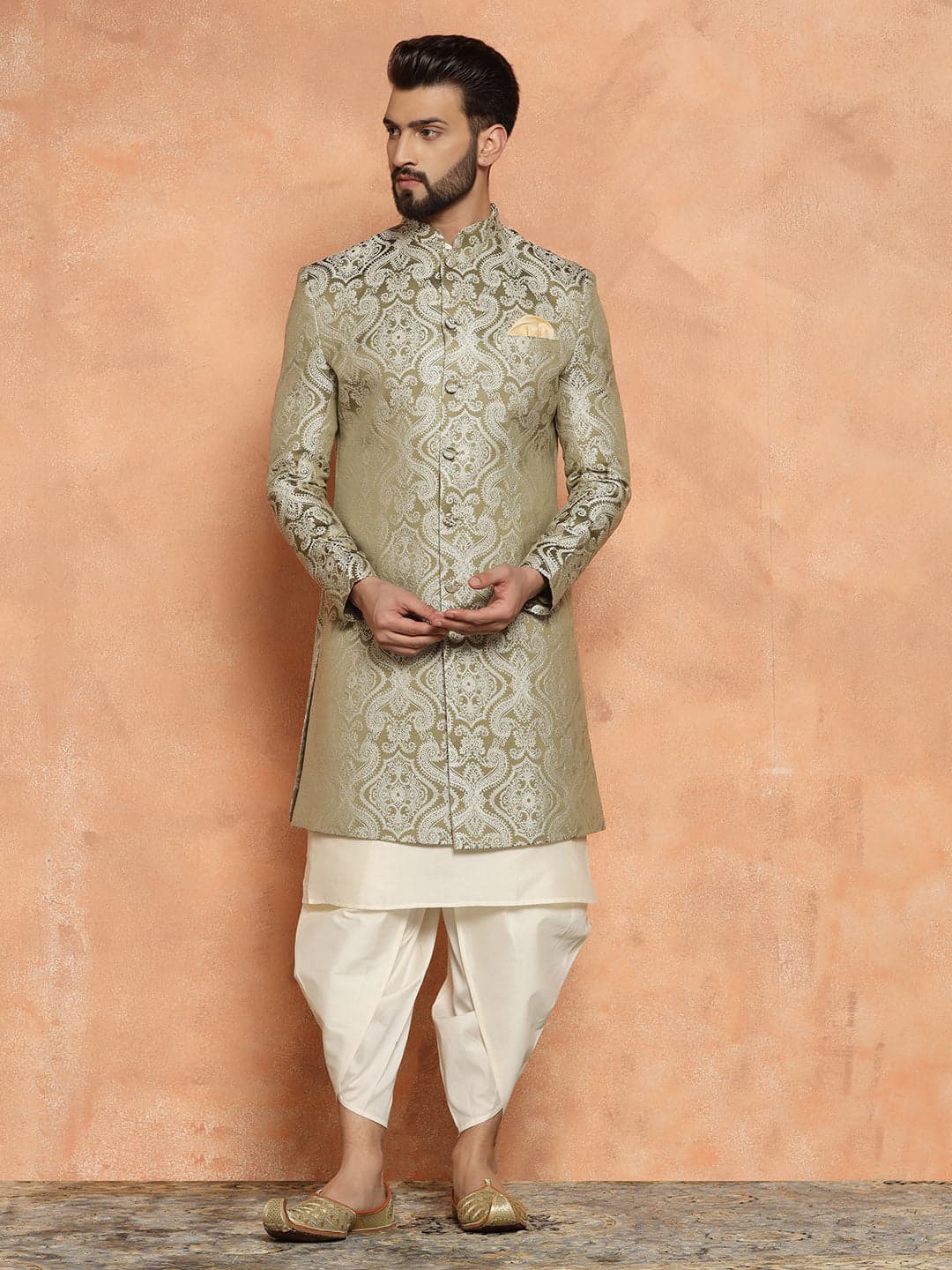 Men's Green Party Textured Kurta Sherwani Set