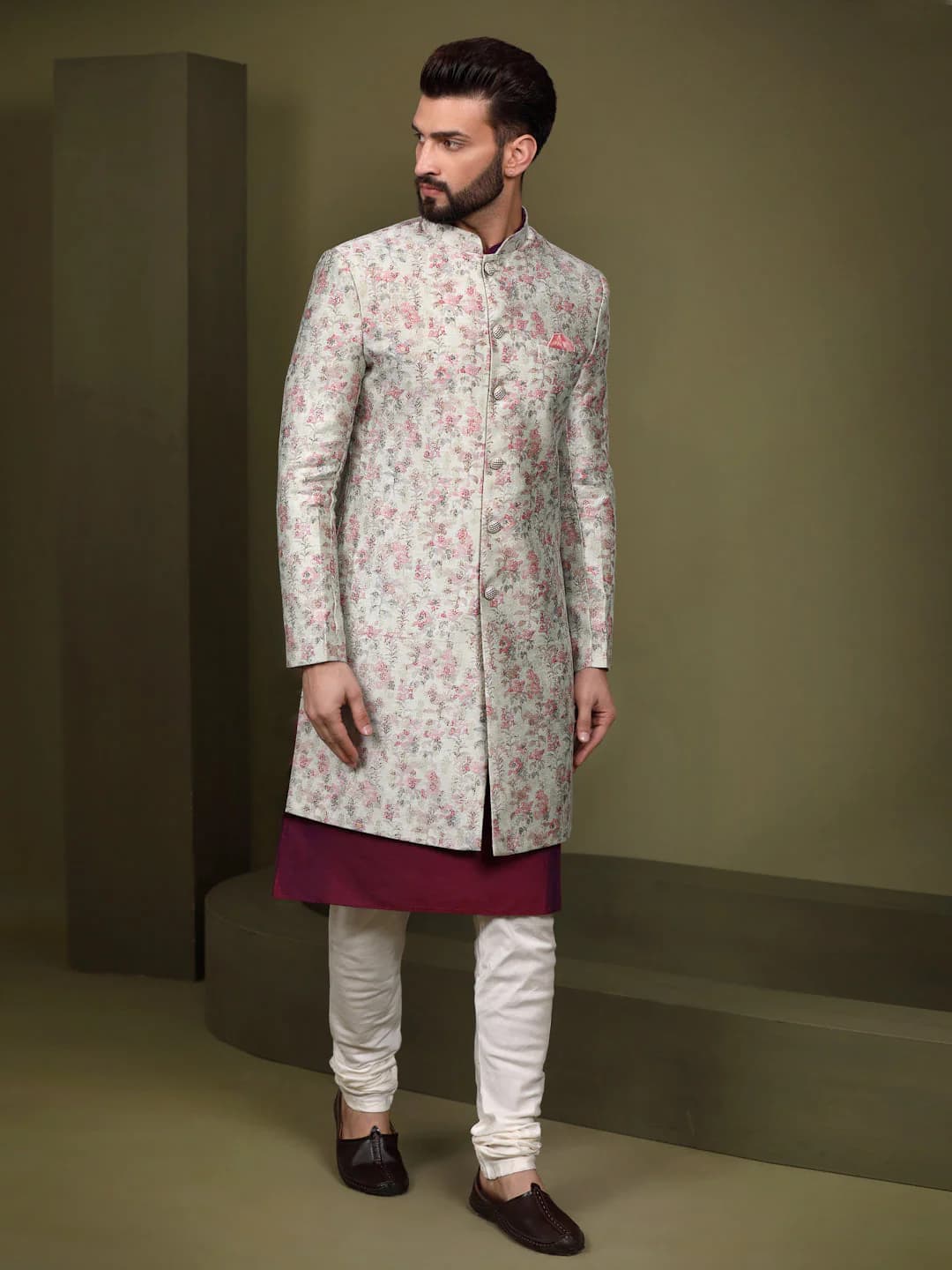 Men's Multicolour Party Embellished Silk Kurta Sherwani Set