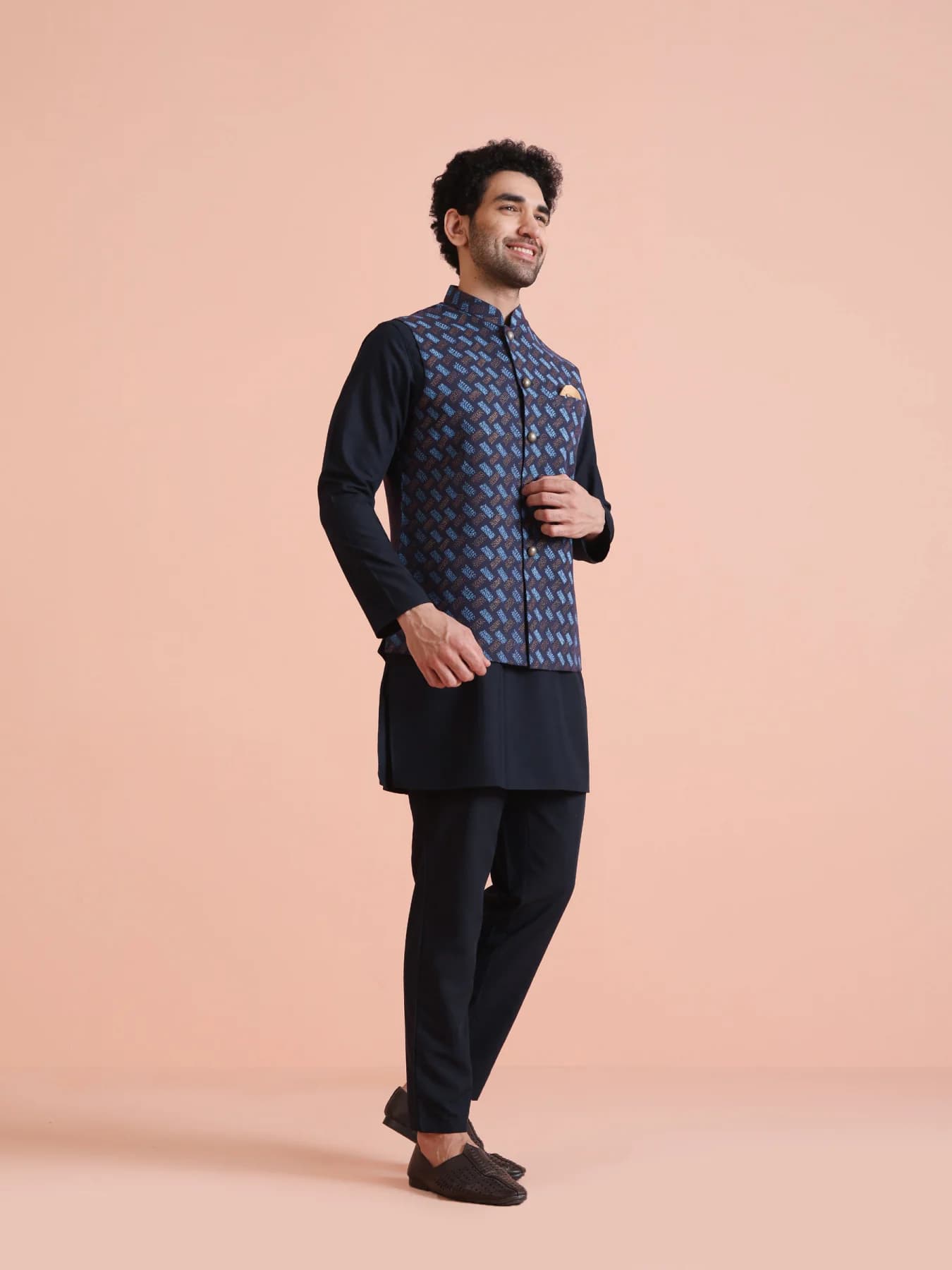 Men's Blue Party Printed Silk Kurta Jacket Set