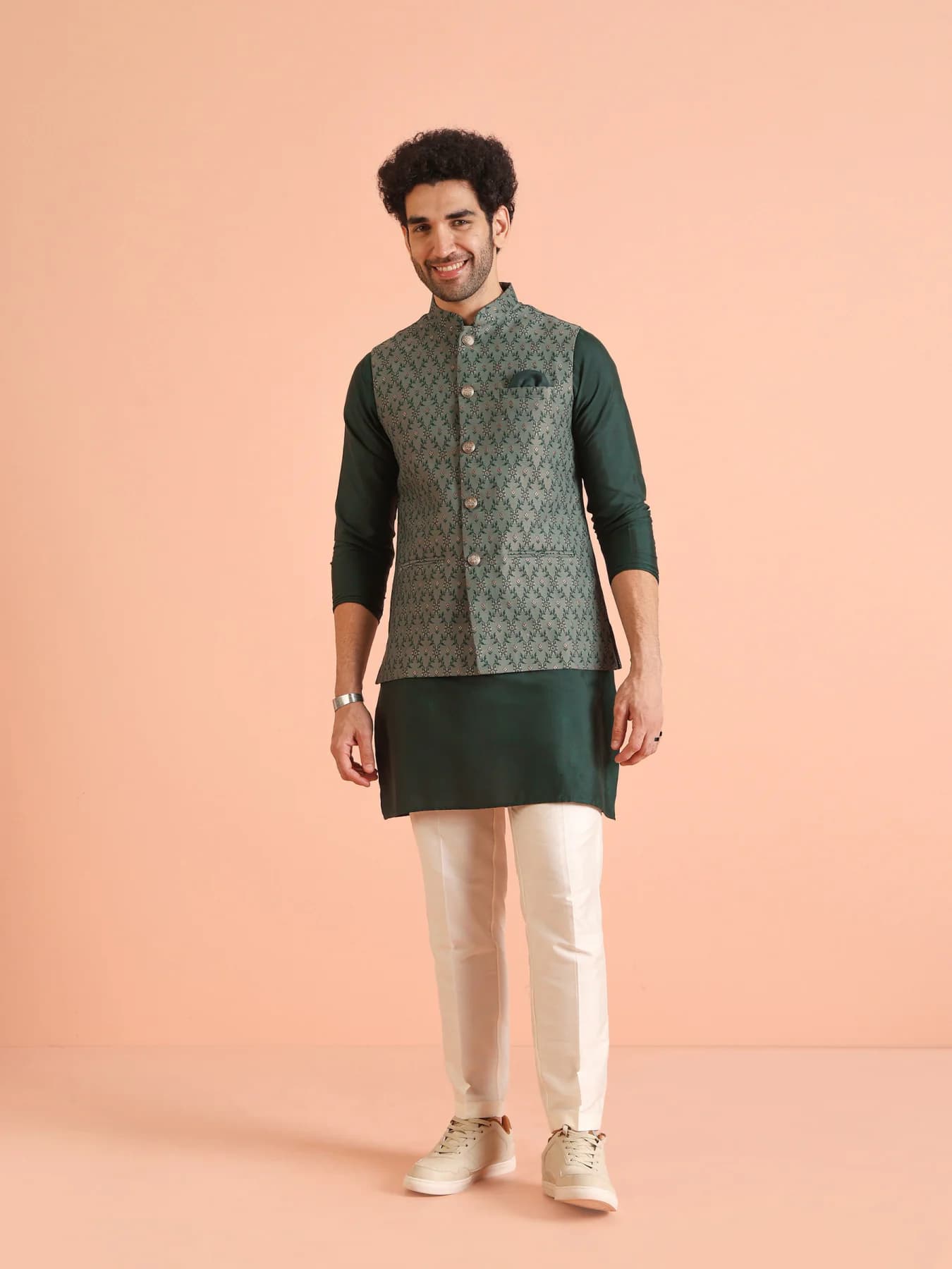Men's Green Party Textured Silk Kurta Jacket Set