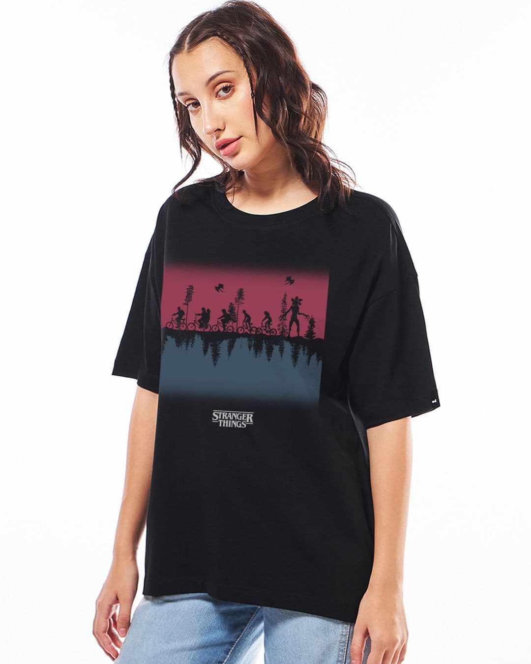Women's Black Casual Oversized Fit Graphic Half Sleeves Tshirt