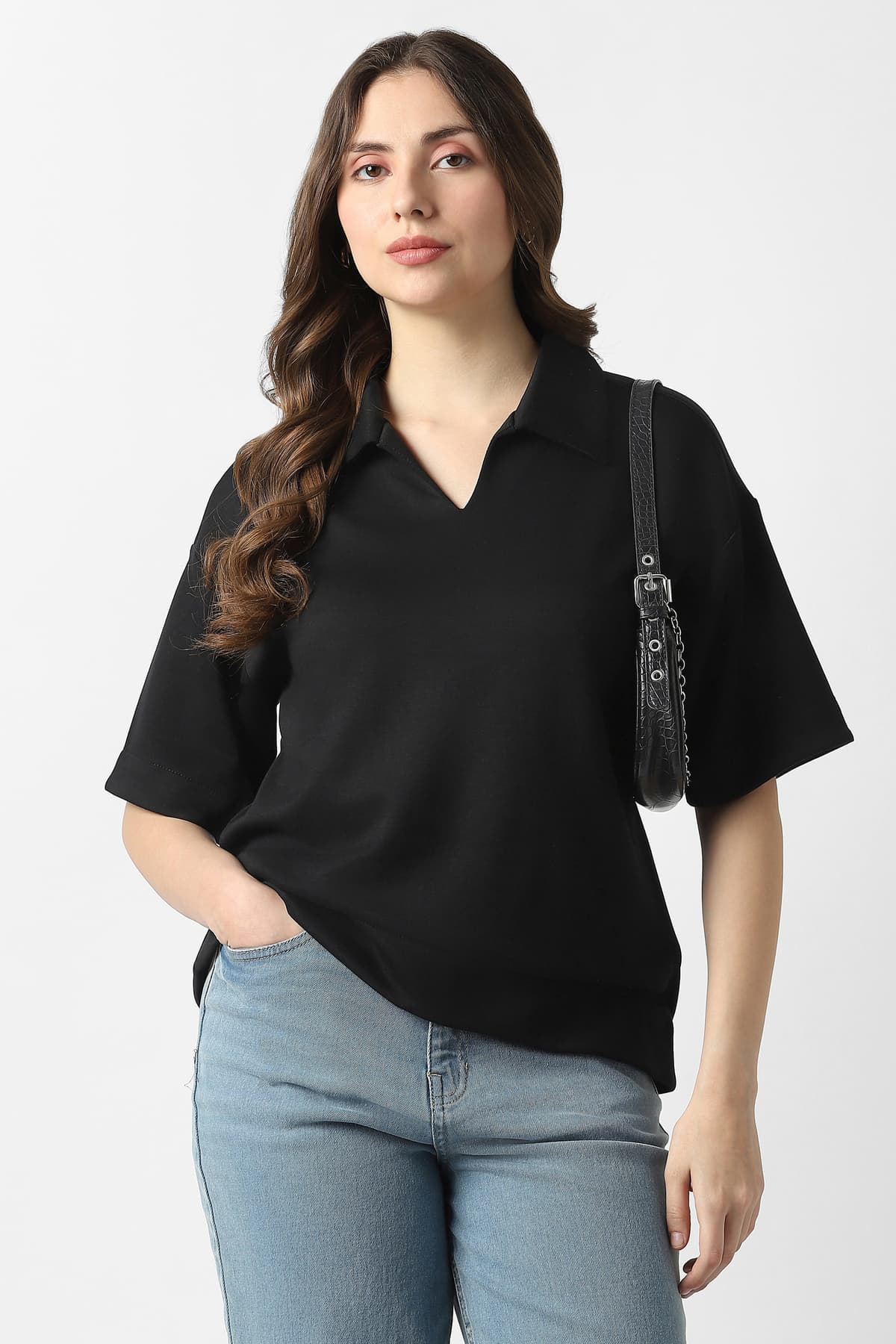Women's Black Casual Regular Fit Solid Half Sleeves Polo Tshirt