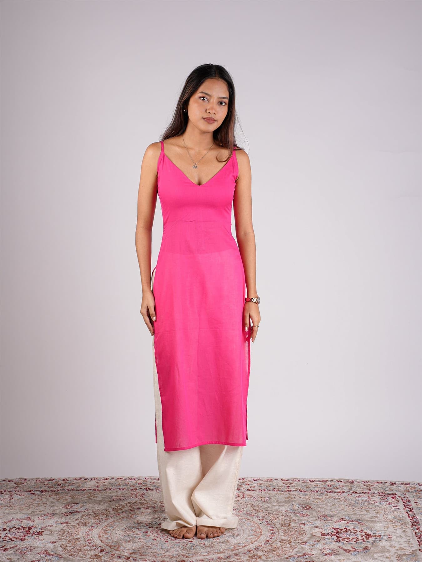 Women's Pink Casual Slim Fit Sleeveless Kurta