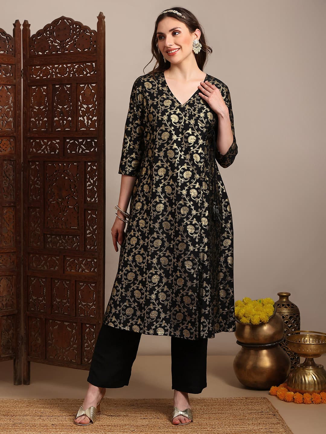 Women's Black V-Neck Gold Foil Floral Print Angrakha A-Line Kurta With Pants Festive Set